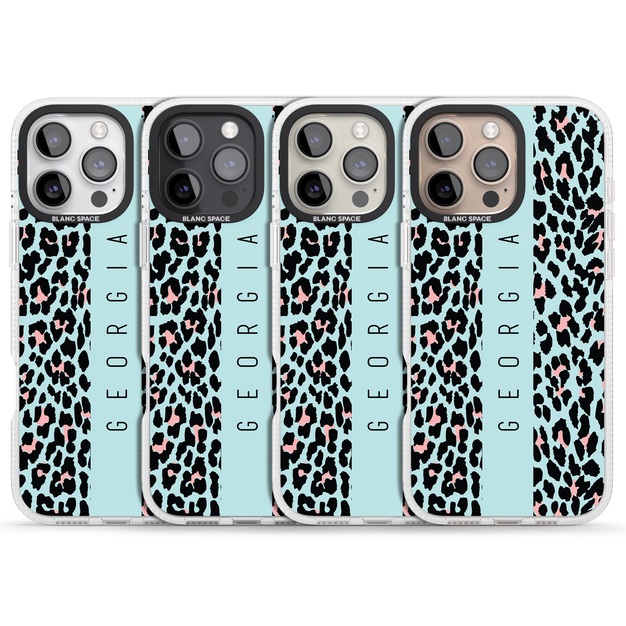Personalised Blue Leopard Spots iPhone 16 Pro Max / 16 Pro Clear Case Impact Air - Blanc Space