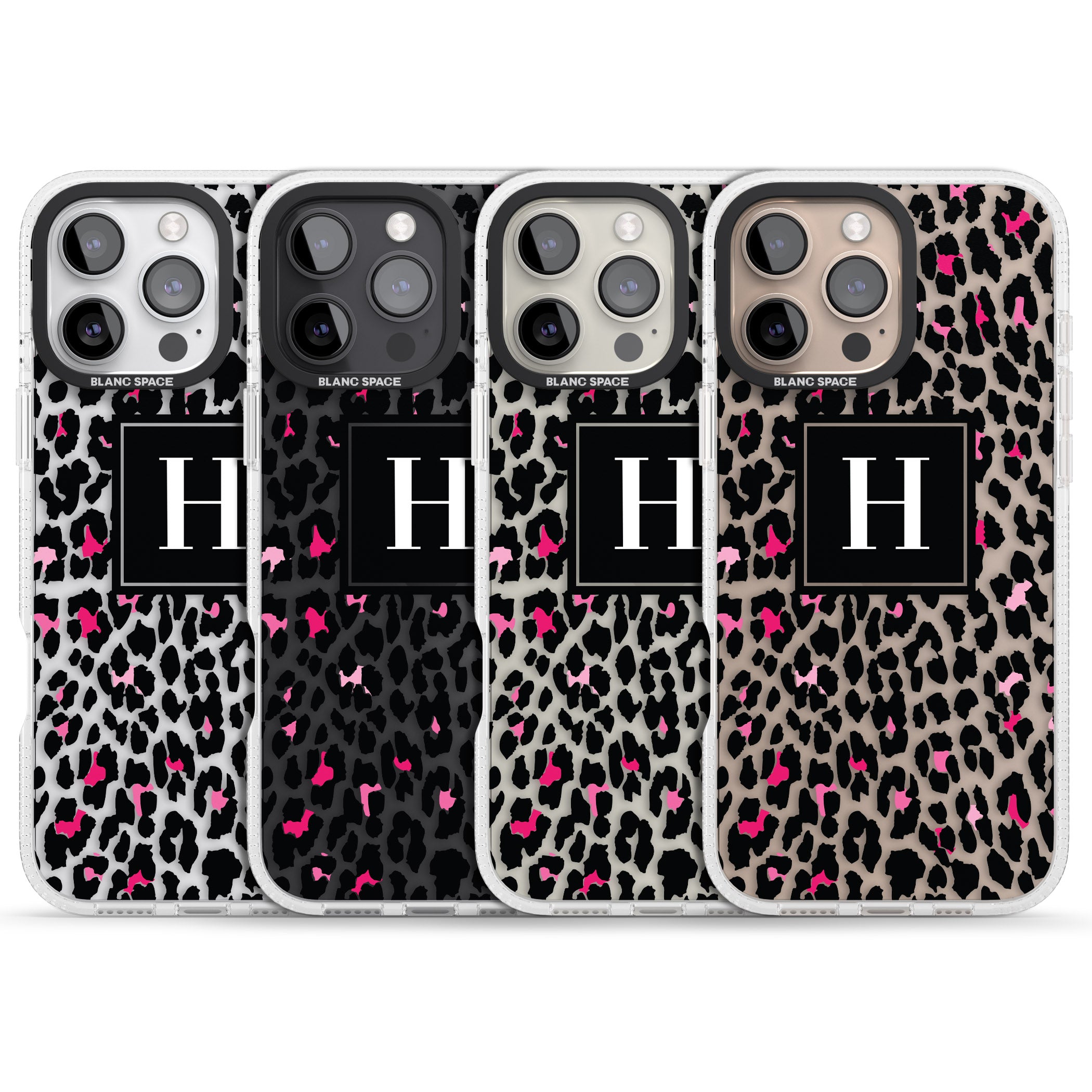 Personalised Pink Monogram Leopard Spots iPhone 16 Pro Max / 16 Pro Clear Case Impact Air - Blanc Space
