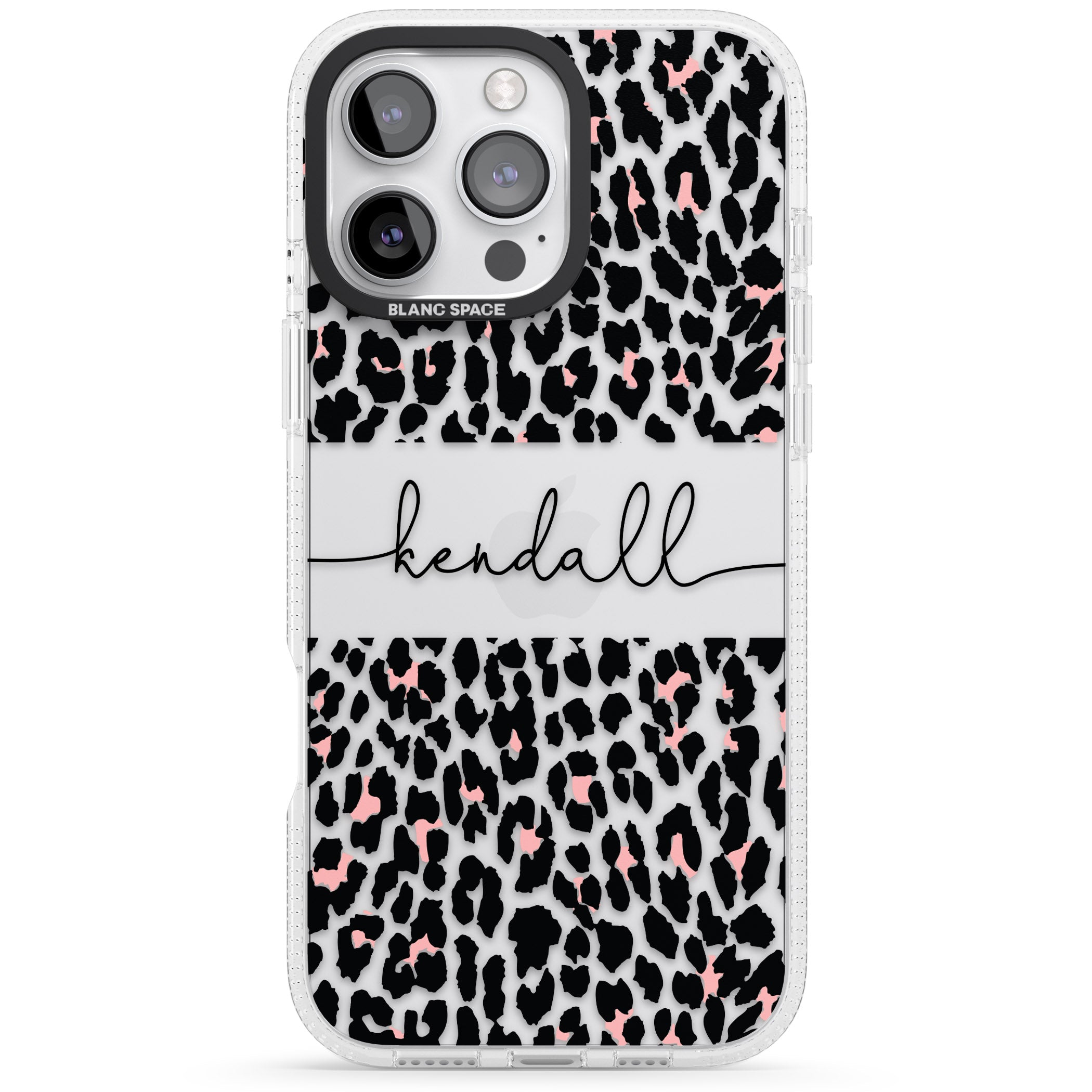 Personalised Pink & Cursive Leopard Spots iPhone 16 Pro Max / 16 Pro Clear Case Impact Air - Blanc Space