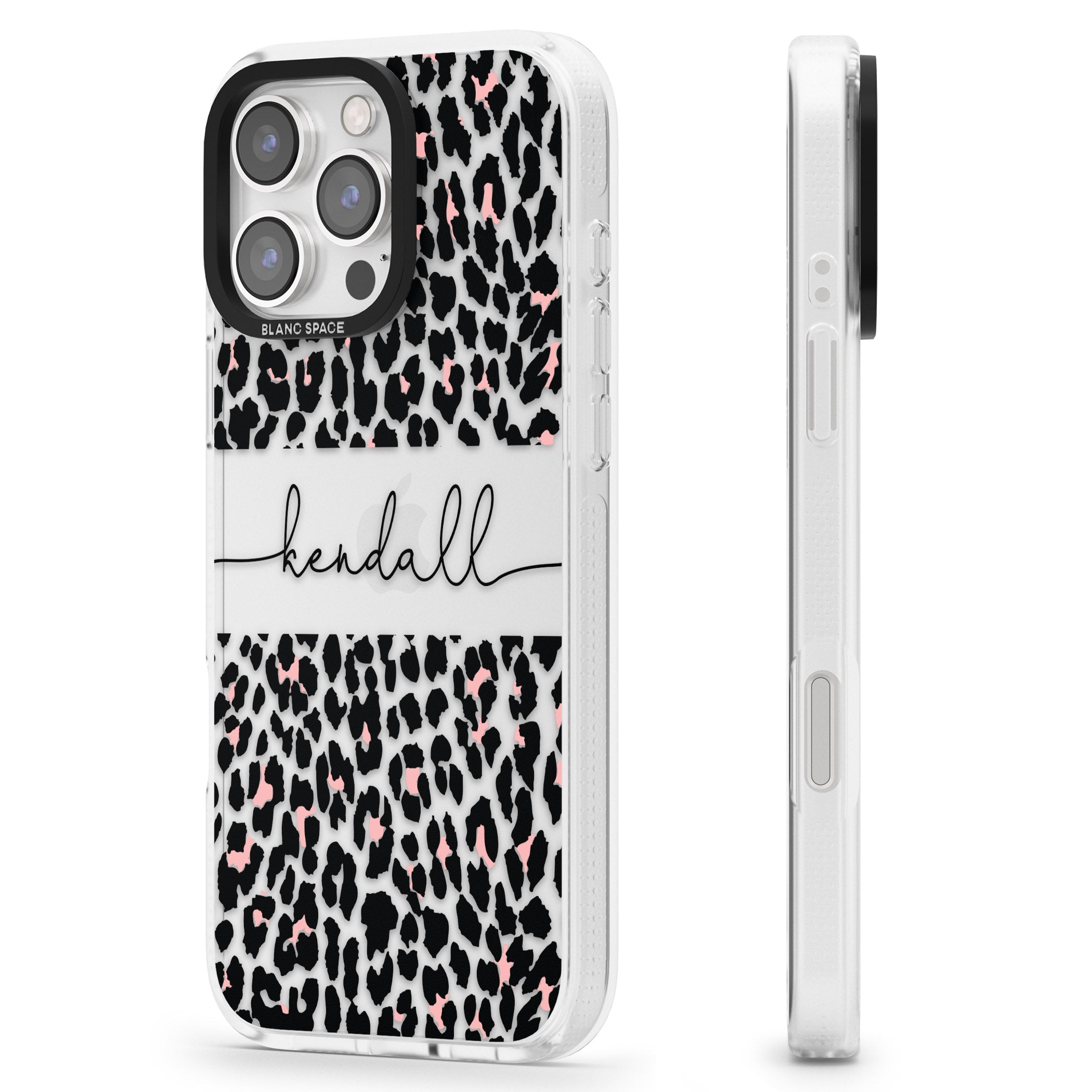 Personalised Pink & Cursive Leopard Spots iPhone 16 Pro Max / 16 Pro Clear Case Impact Air - Blanc Space