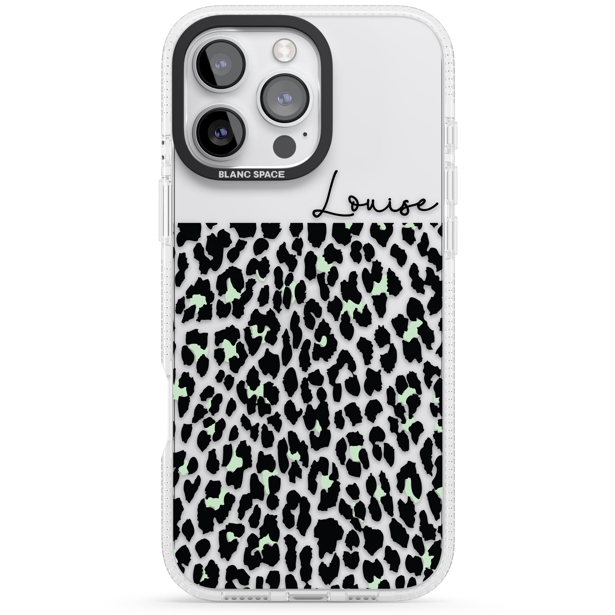Personalised Seafoam Green & Cursive Leopard Spots iPhone 16 Pro Max / 16 Pro Clear Case Impact Air - Blanc Space
