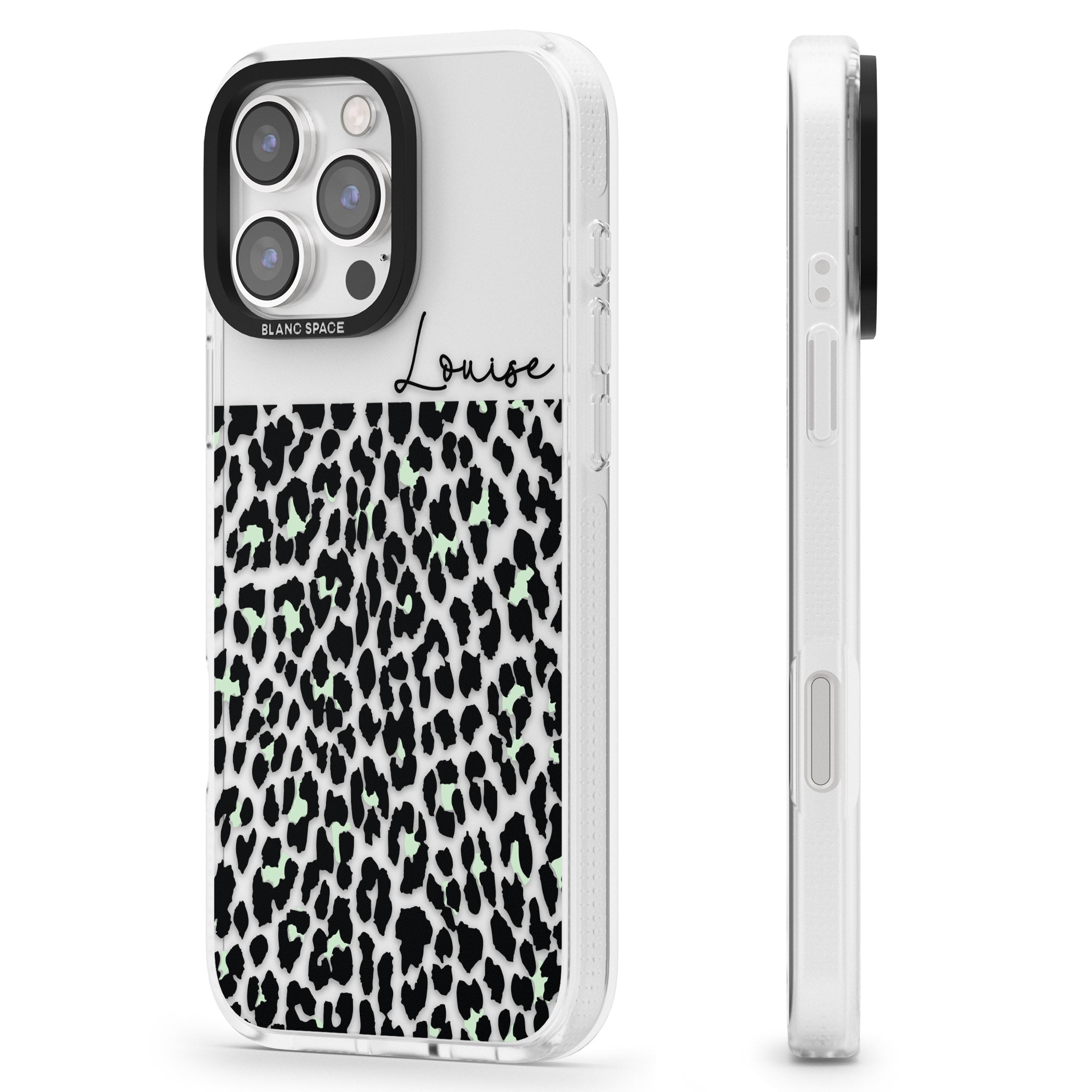 Personalised Seafoam Green & Cursive Leopard Spots iPhone 16 Pro Max / 16 Pro Clear Case Impact Air - Blanc Space