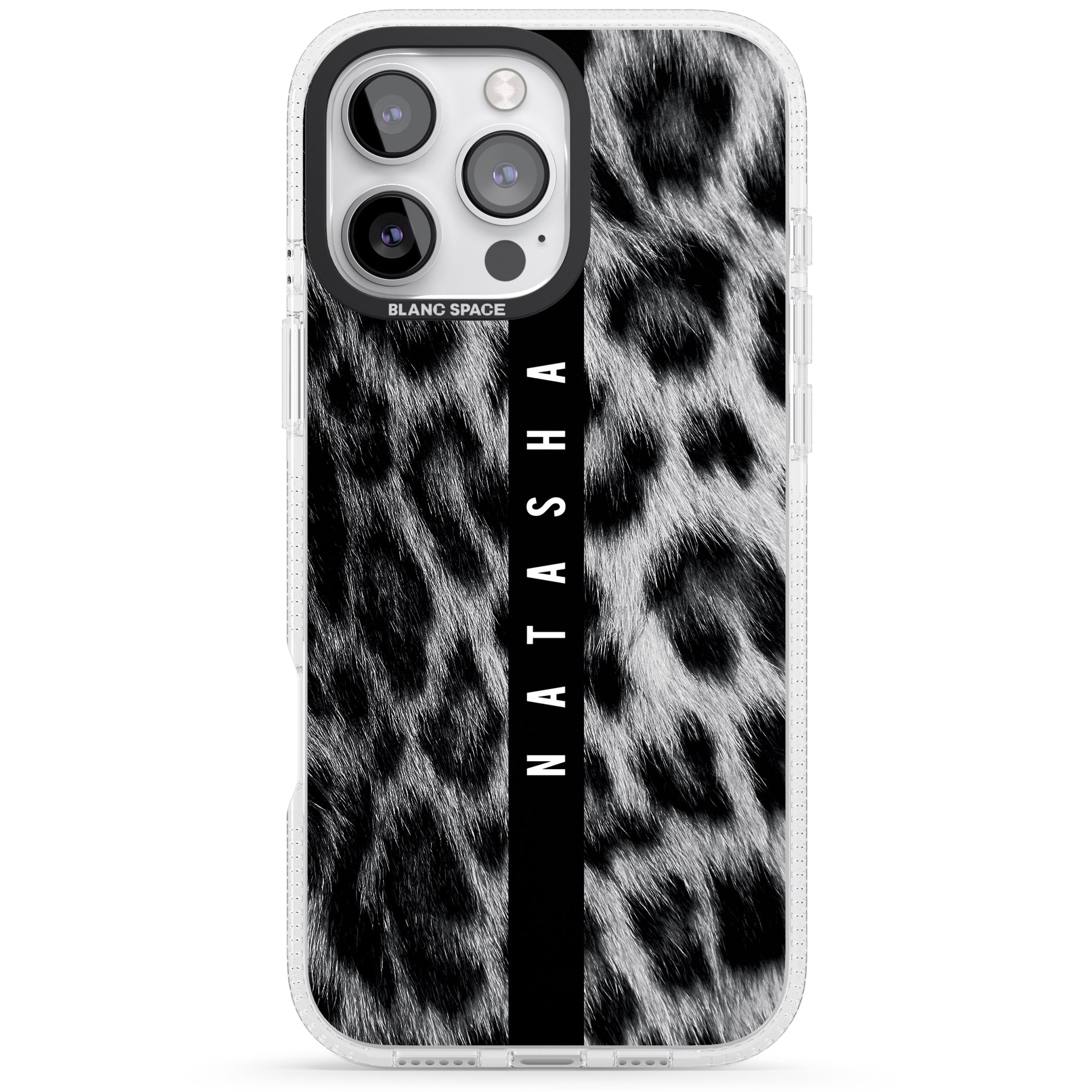 Personalised Snow Leopard Print iPhone 16 Pro Max / 16 Pro Clear Case Impact Air - Blanc Space