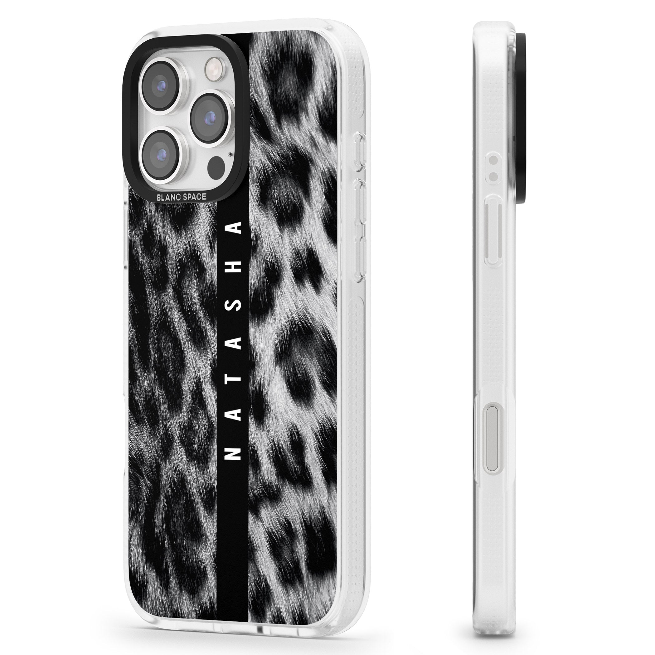 Personalised Snow Leopard Print iPhone 16 Pro Max / 16 Pro Clear Case Impact Air - Blanc Space