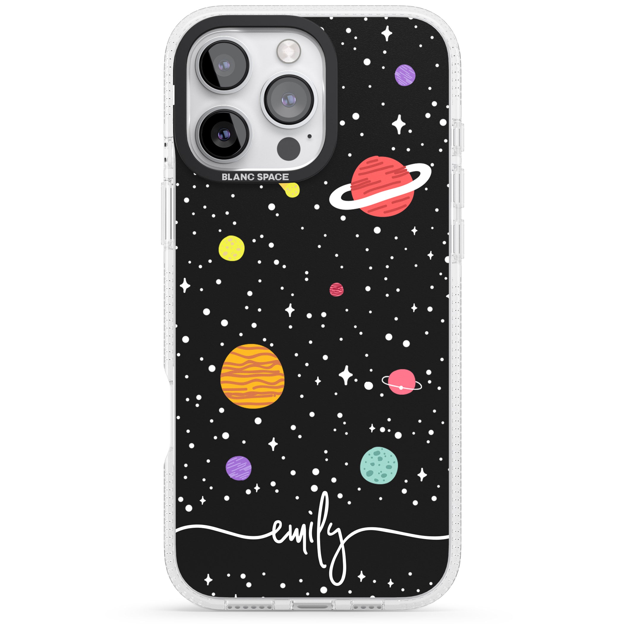 Personalised Cute Cartoon Planets iPhone 16 Pro Max / 16 Pro Clear Case Impact Air - Blanc Space