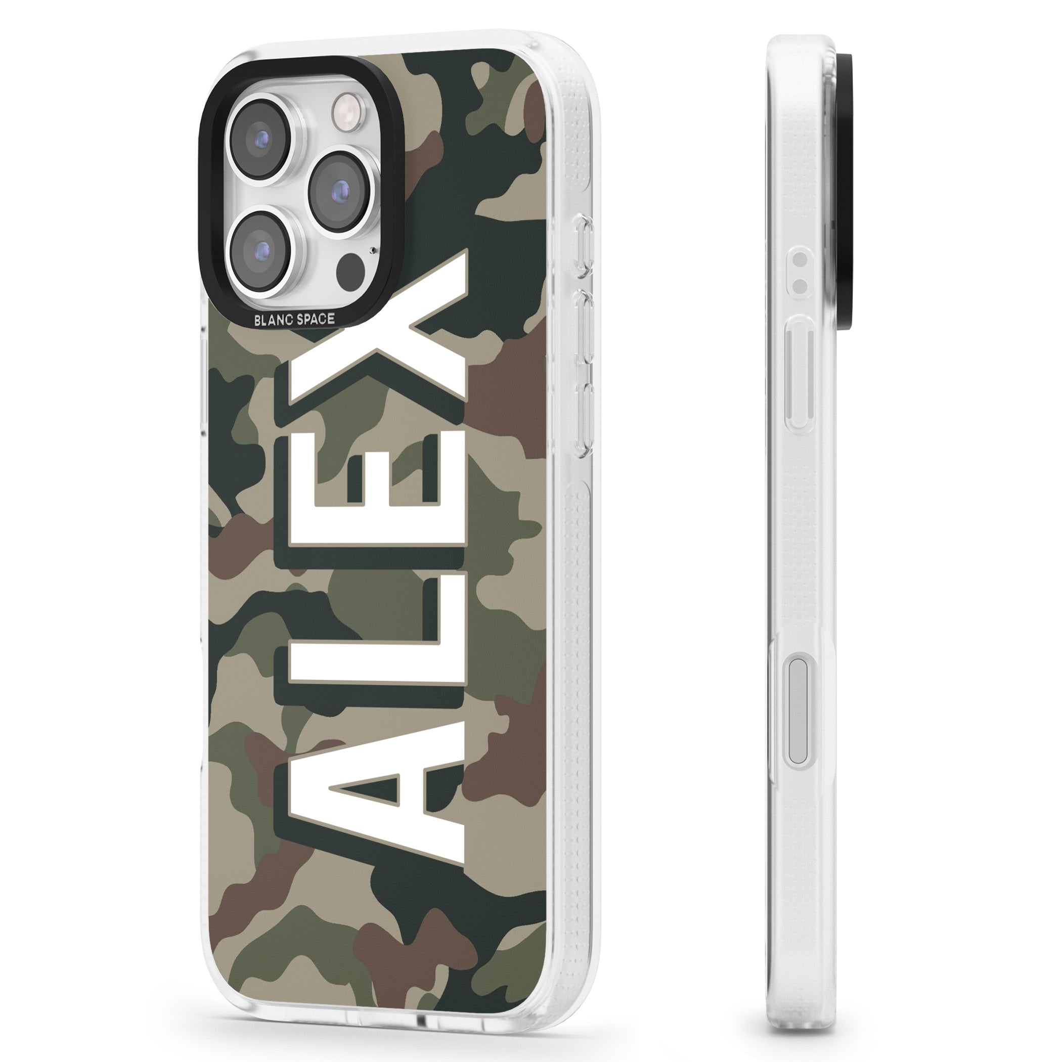 Personalised Classic Green Camo iPhone 16 Pro Max / 16 Pro Clear Case Impact Air - Blanc Space
