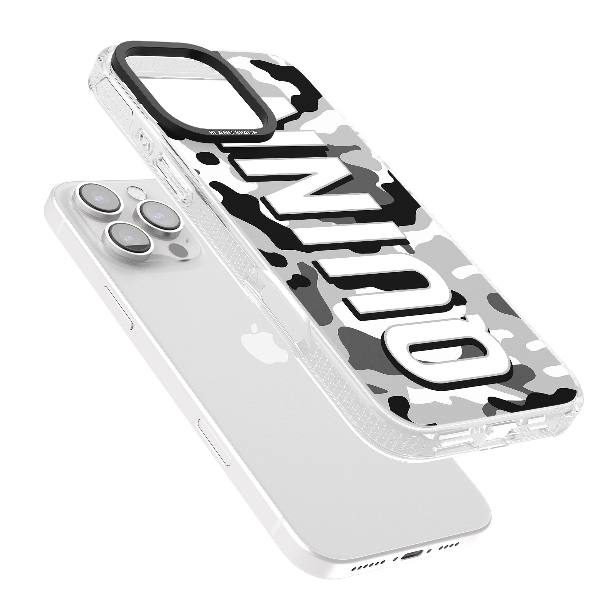 Personalised Greyscale Camo iPhone 16 Pro Max / 16 Pro Clear Case Impact Air - Blanc Space