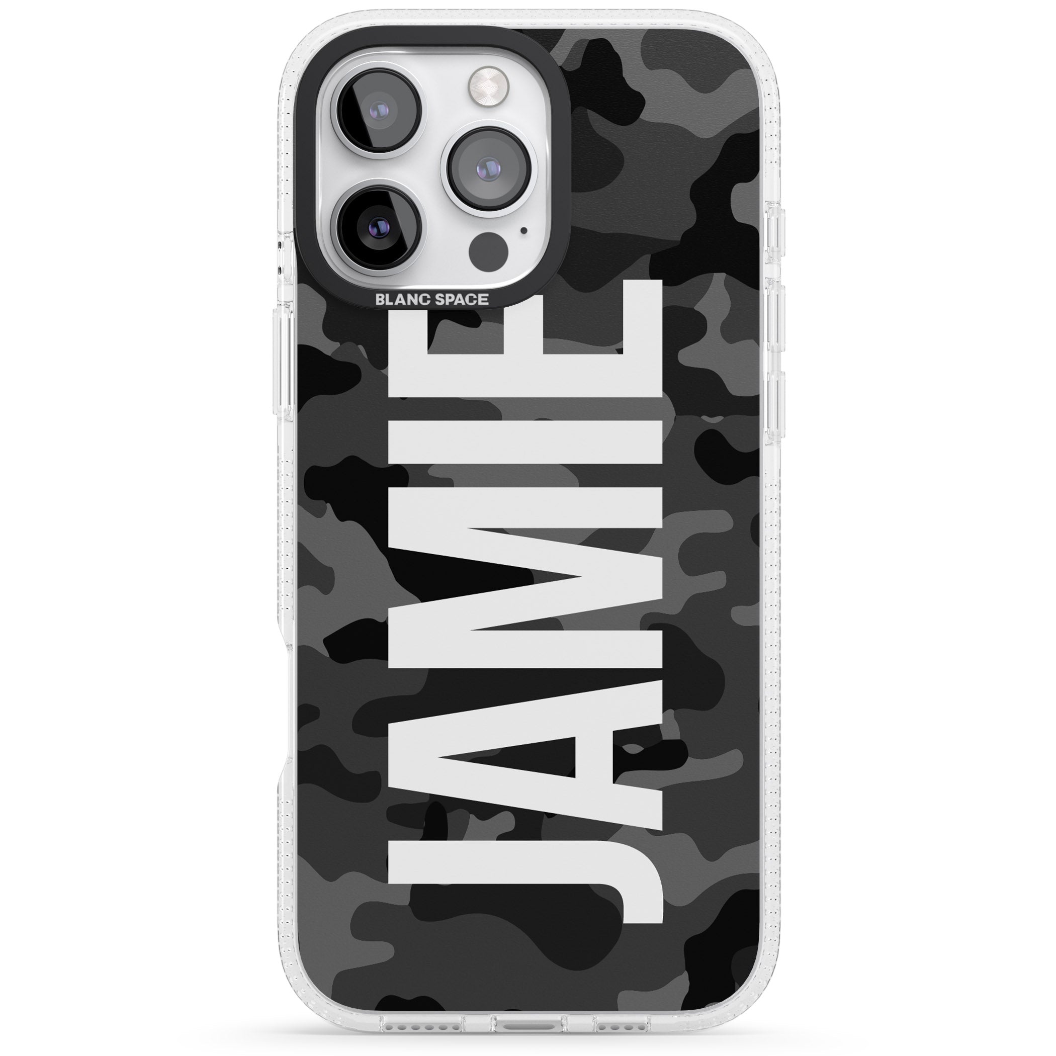 Personalised Vertical Name Black Camouflage iPhone 16 Pro Max / 16 Pro Clear Case Impact Air - Blanc Space