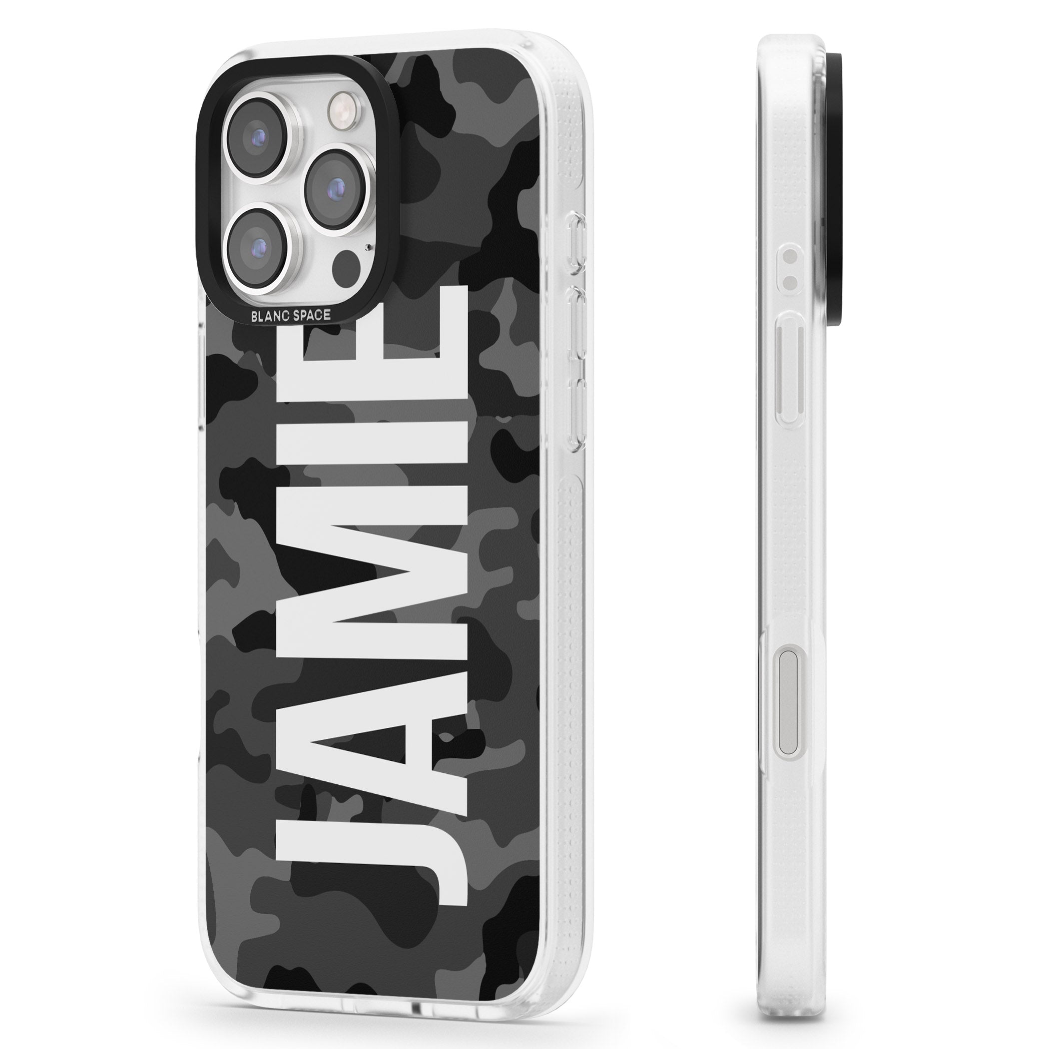 Personalised Vertical Name Black Camouflage iPhone 16 Pro Max / 16 Pro Clear Case Impact Air - Blanc Space