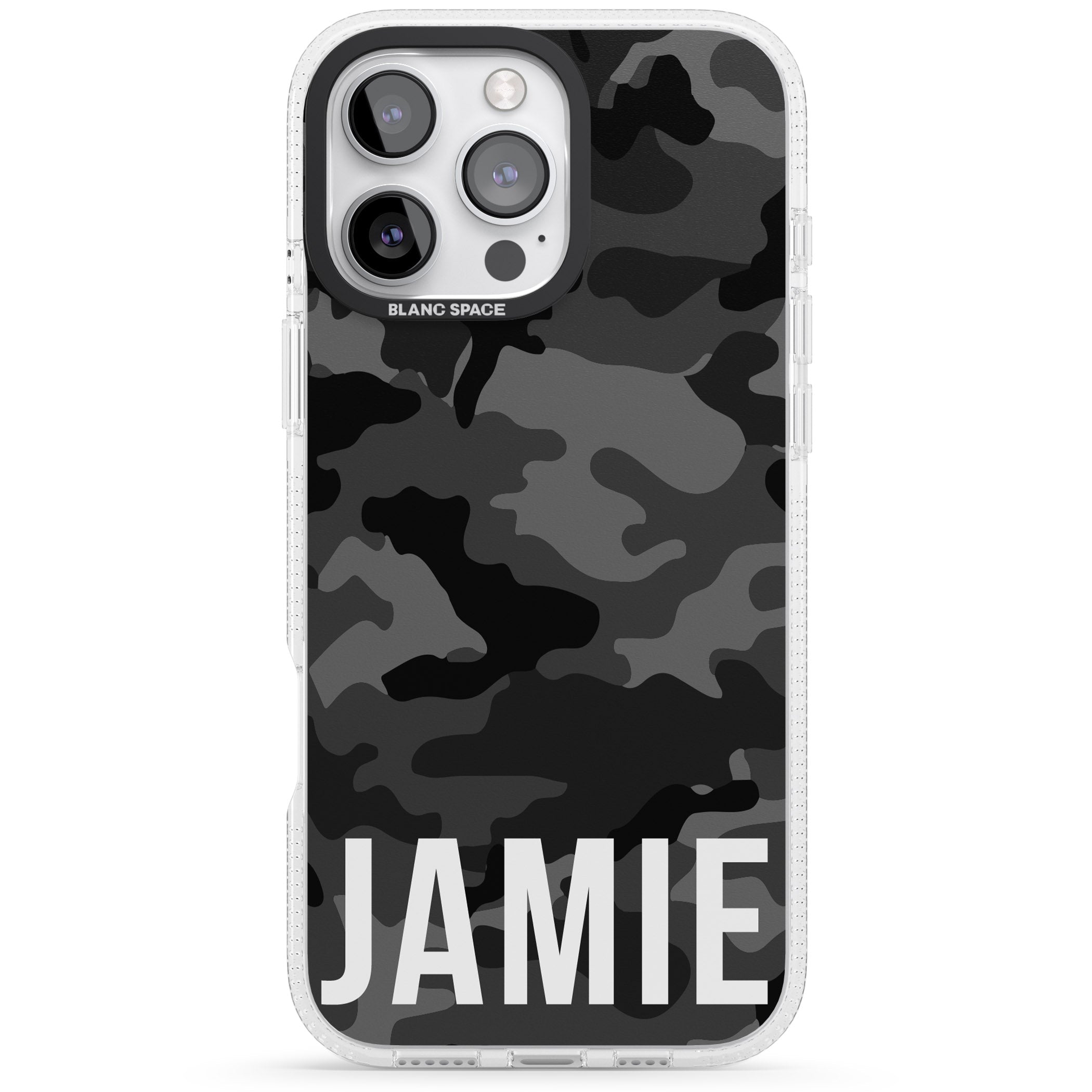Personalised Horizontal Name Black Camouflage iPhone 16 Pro Max / 16 Pro Clear Case Impact Air - Blanc Space