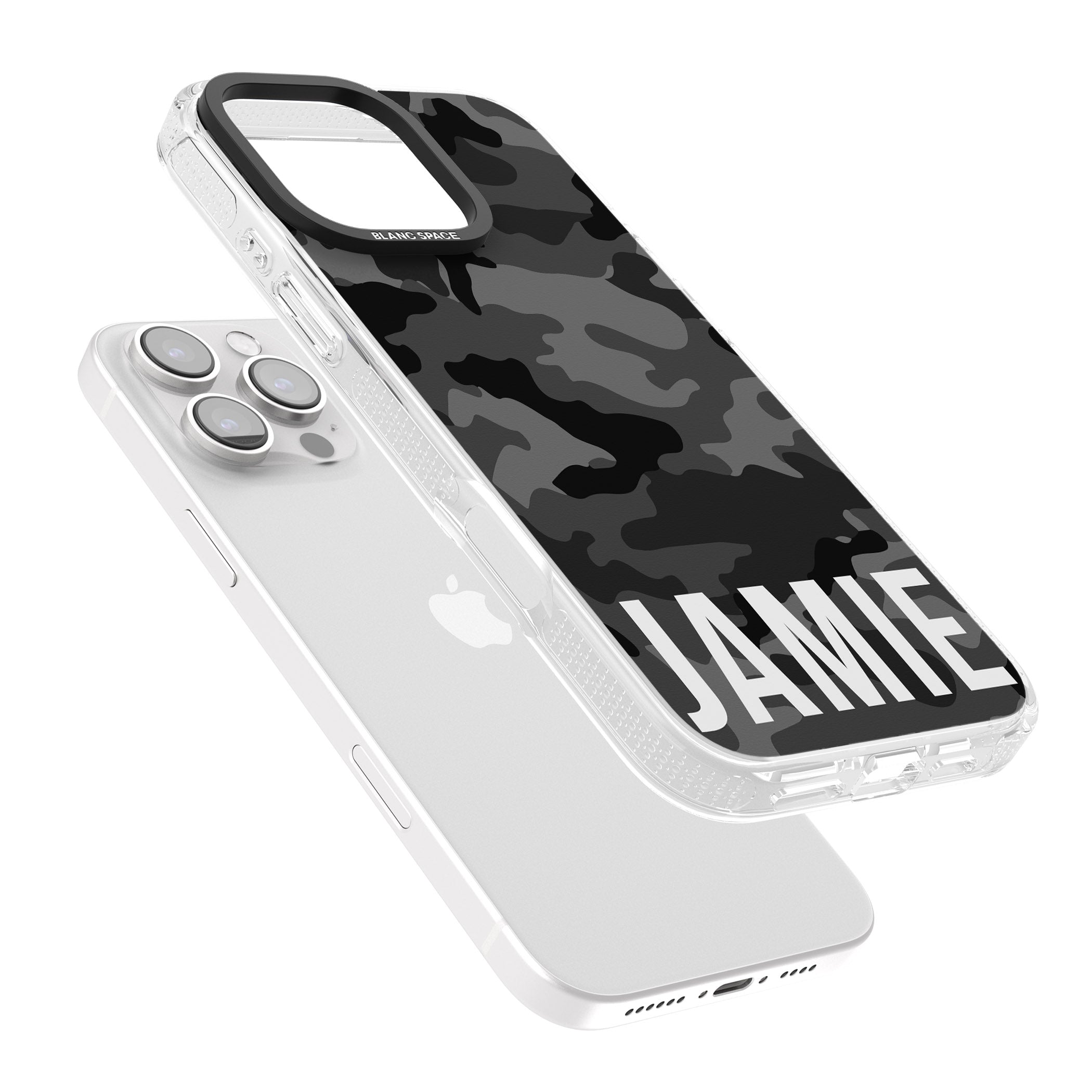 Personalised Horizontal Name Black Camouflage iPhone 16 Pro Max / 16 Pro Clear Case Impact Air - Blanc Space