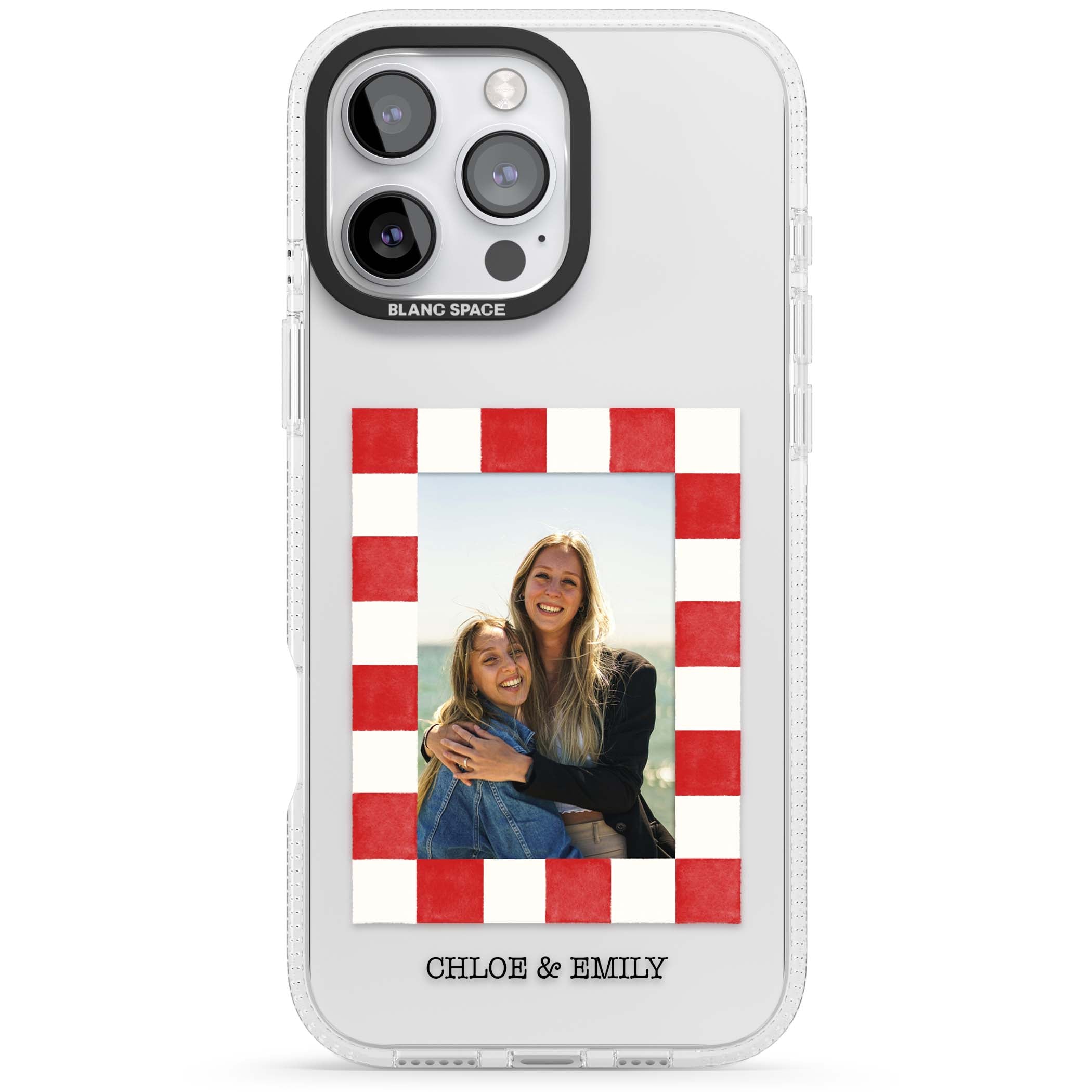 Red Check Photo personalised photo iPhone case with red and white checkered polaroid frame and custom couple name | Clear Case Impact Air case for iPhone 16 Pro, iPhone 16 Pro Max
