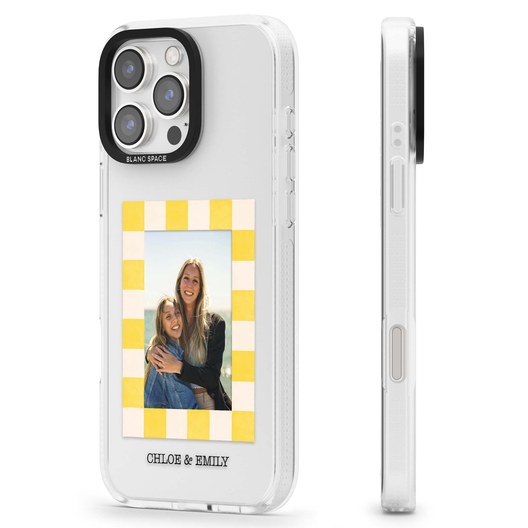 Yellow Check Photo personalised iPhone case with yellow checkered Polaroid frame and custom names beneath | Clear Case Impact Air case for iPhone 16 Pro, iPhone 16 Pro Max