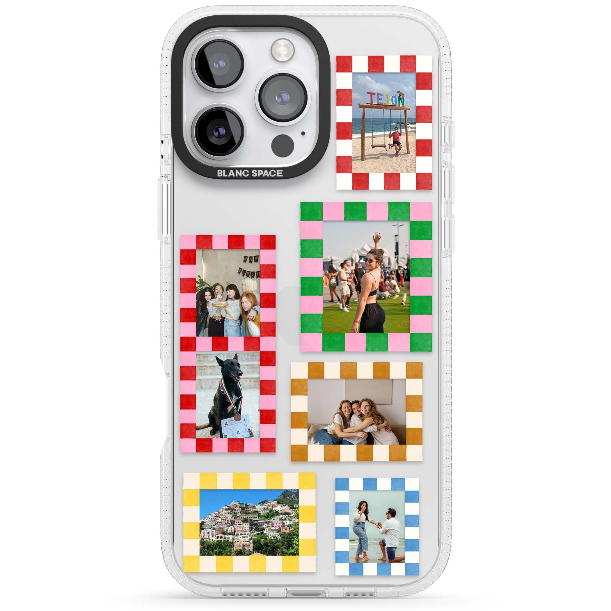 Italian Check Frames custom photo collage iPhone case featuring six checkered photo frames in red, green, pink and | Clear Case Impact Air case for iPhone 16 Pro, iPhone 16 Pro Max