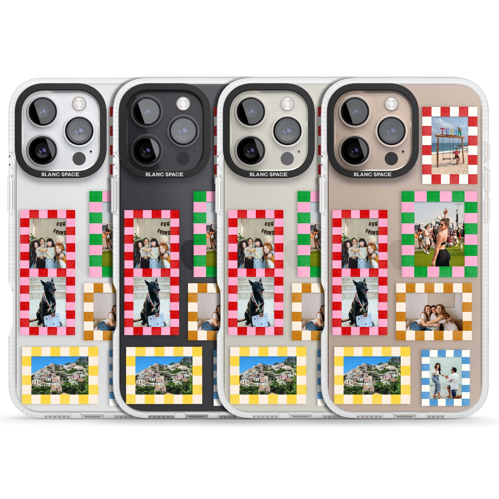 Italian Check Frames custom photo collage iPhone case featuring six checkered photo frames in red, green, pink and | Clear Case Impact Air case for iPhone 16 Pro, iPhone 16 Pro Max