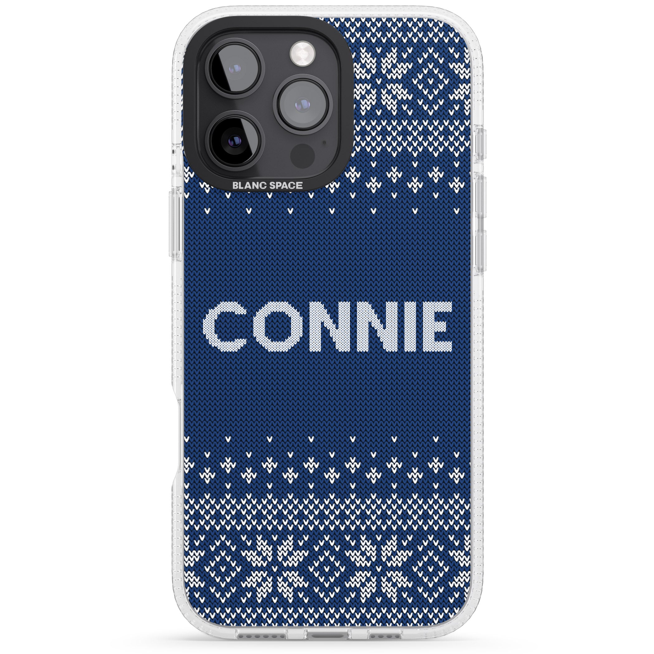 Personalised Blue Christmas Knitted Jumper iPhone 16 Pro Max / 16 Pro Clear Case Impact Air - Blanc Space