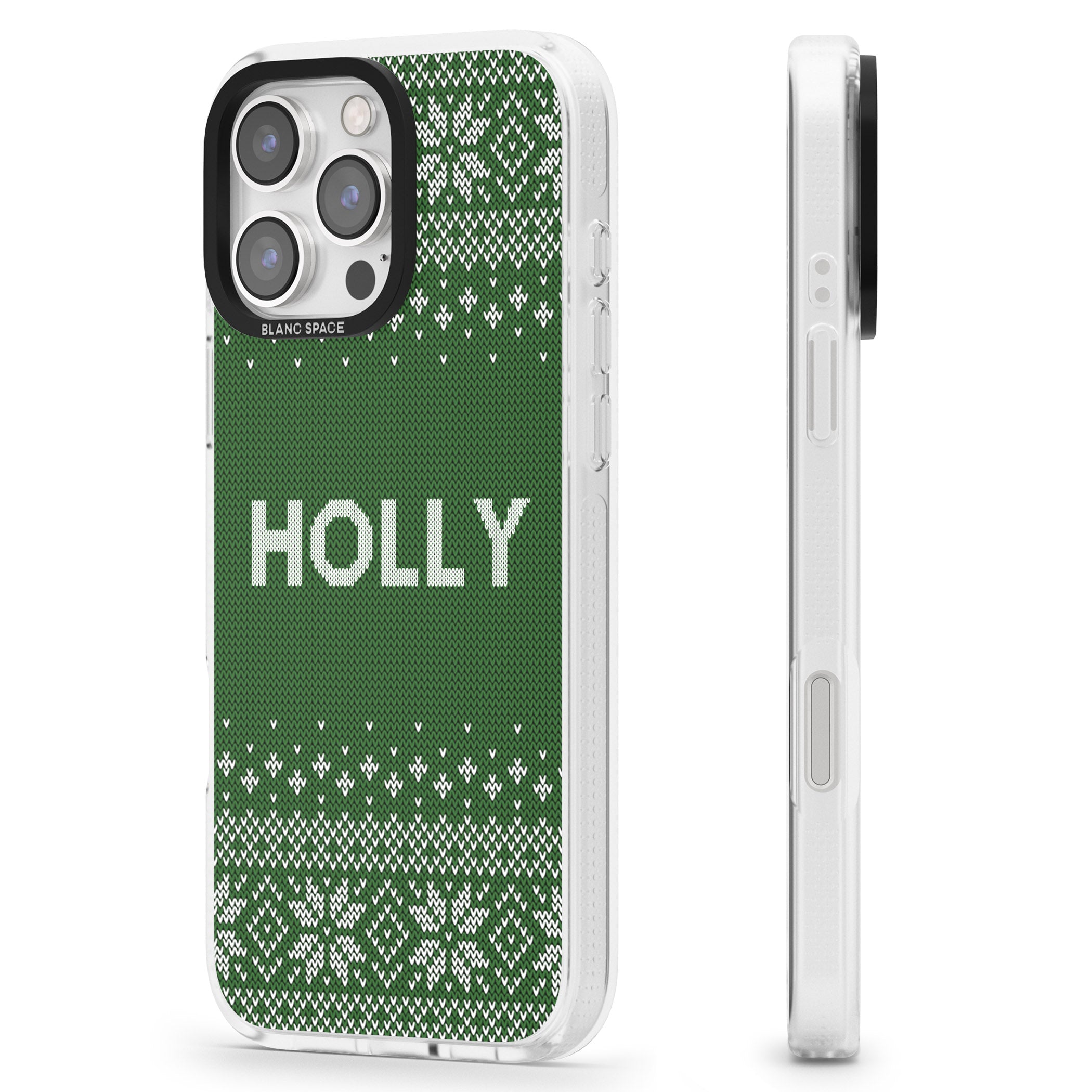 Personalised Green Christmas Knitted Jumper iPhone 16 Pro Max / 16 Pro Clear Case Impact Air - Blanc Space