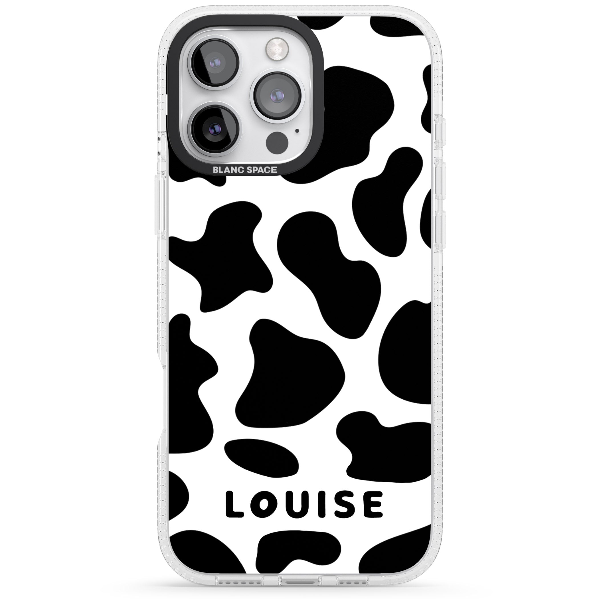 Personalised Cow Print iPhone 16 Pro Max / 16 Pro Clear Case Impact Air - Blanc Space