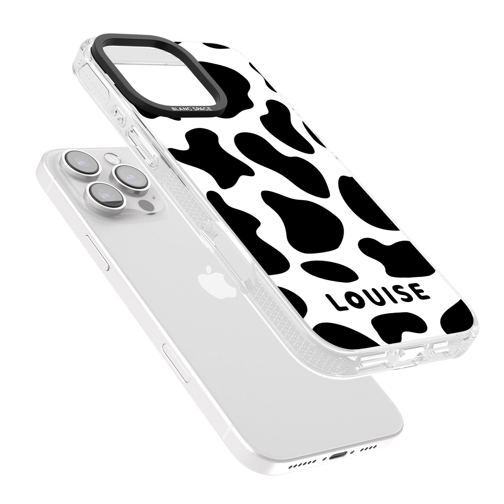 Personalised Cow Print iPhone 16 Pro Max / 16 Pro Clear Case Impact Air - Blanc Space