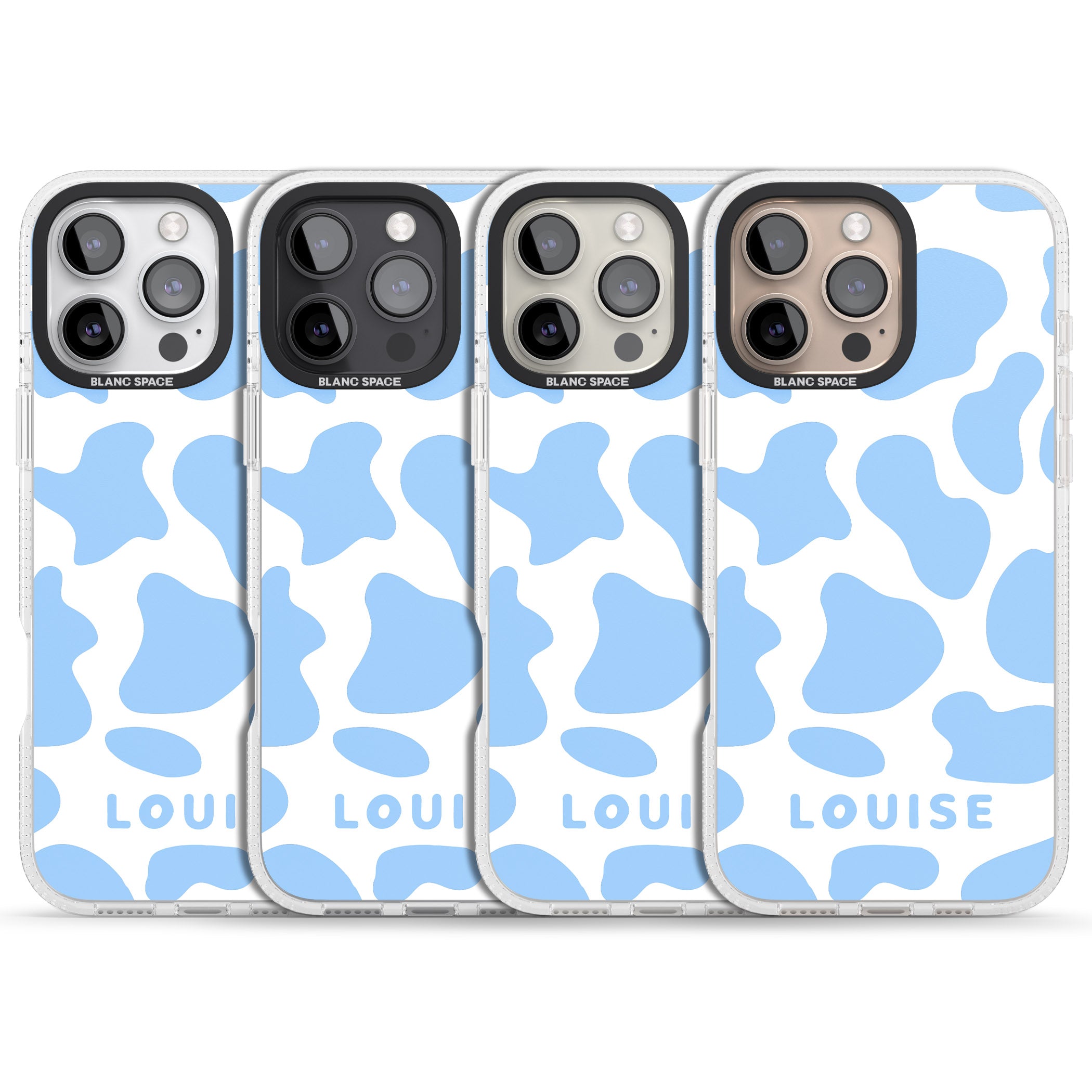 Personalised Blue and White Cow Print iPhone 16 Pro Max / 16 Pro Clear Case Impact Air - Blanc Space