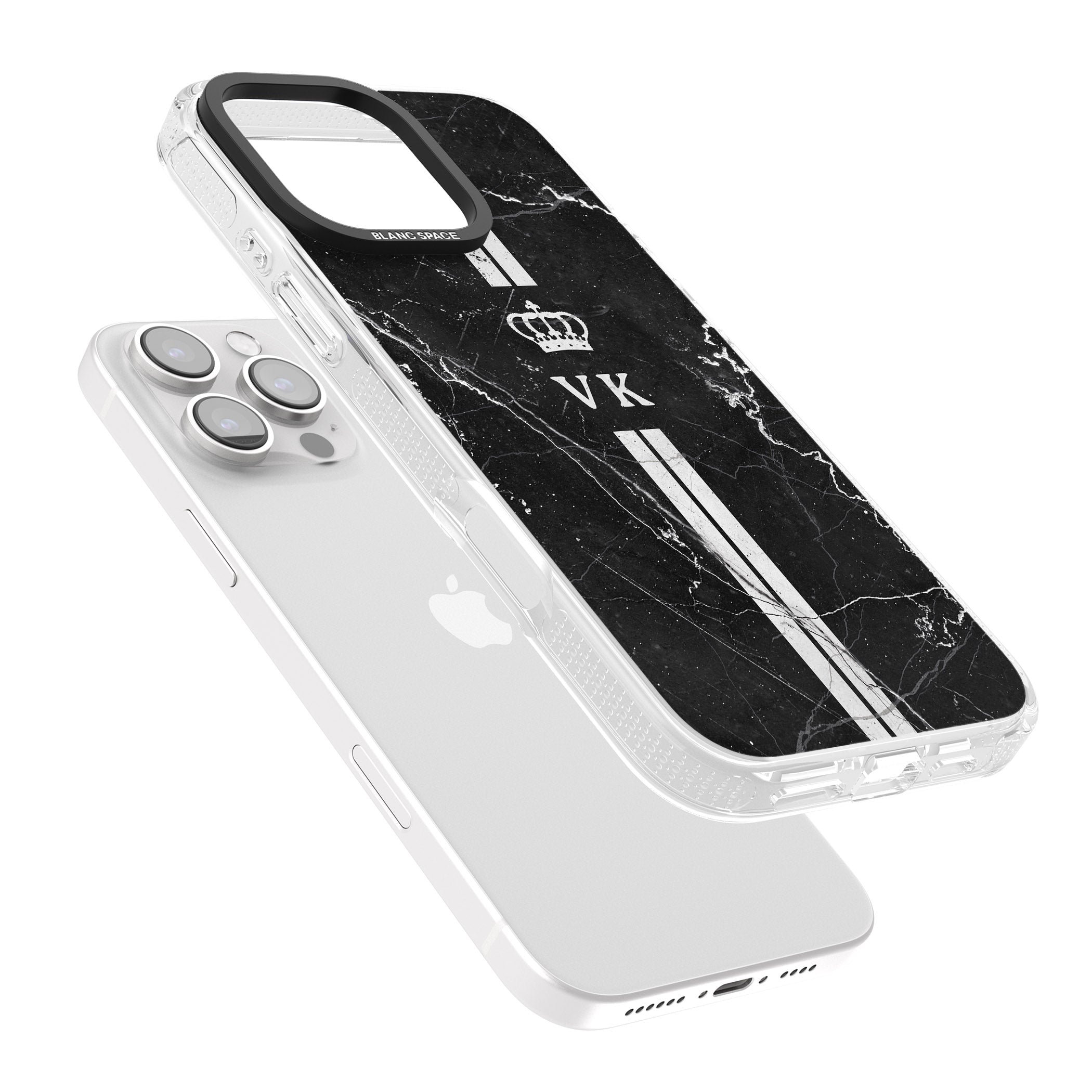 Personalised Stripes + Initials with Crown on Black Marble iPhone 16 Pro Max / 16 Pro Clear Case Impact Air - Blanc Space