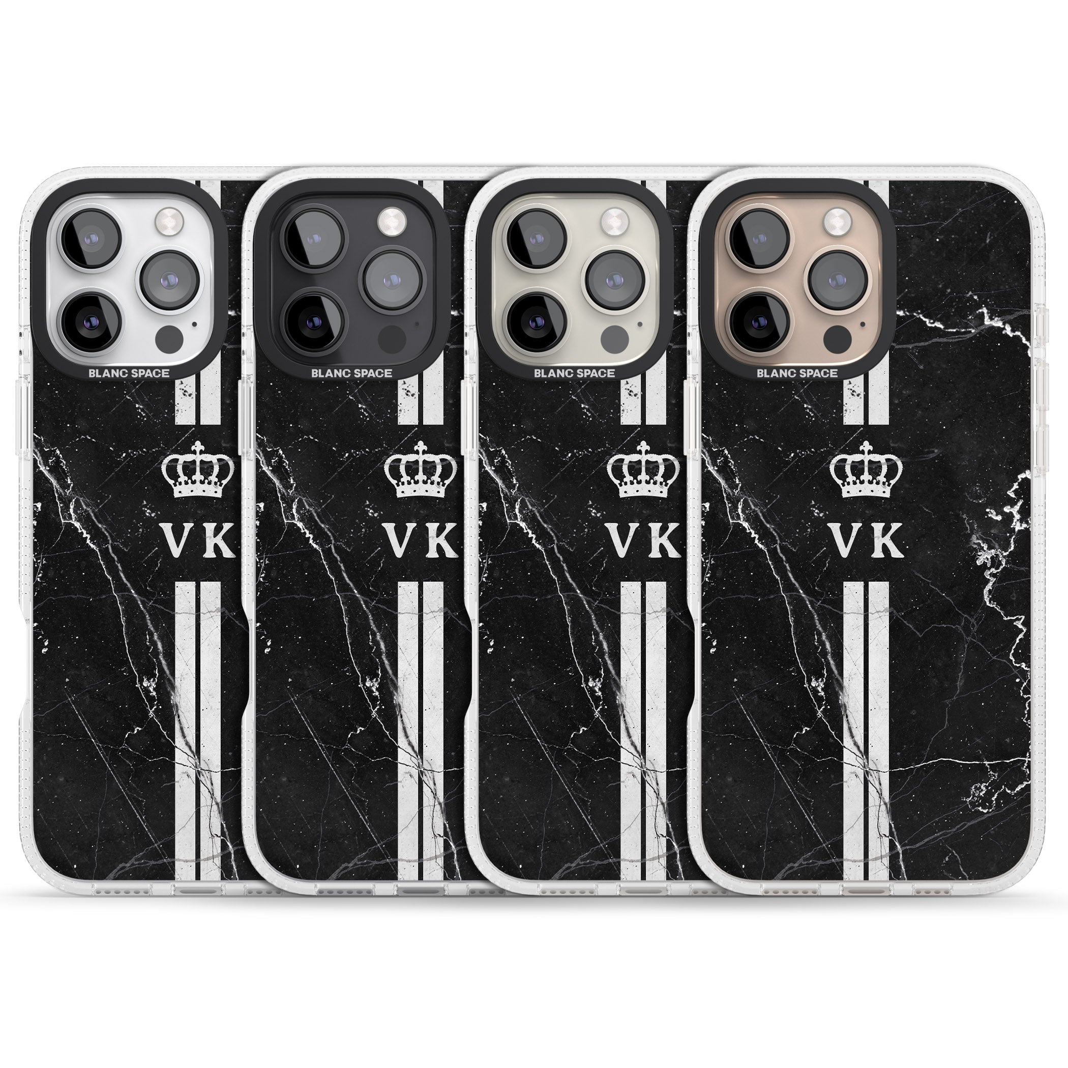 Personalised Stripes + Initials with Crown on Black Marble iPhone 16 Pro Max / 16 Pro Clear Case Impact Air - Blanc Space