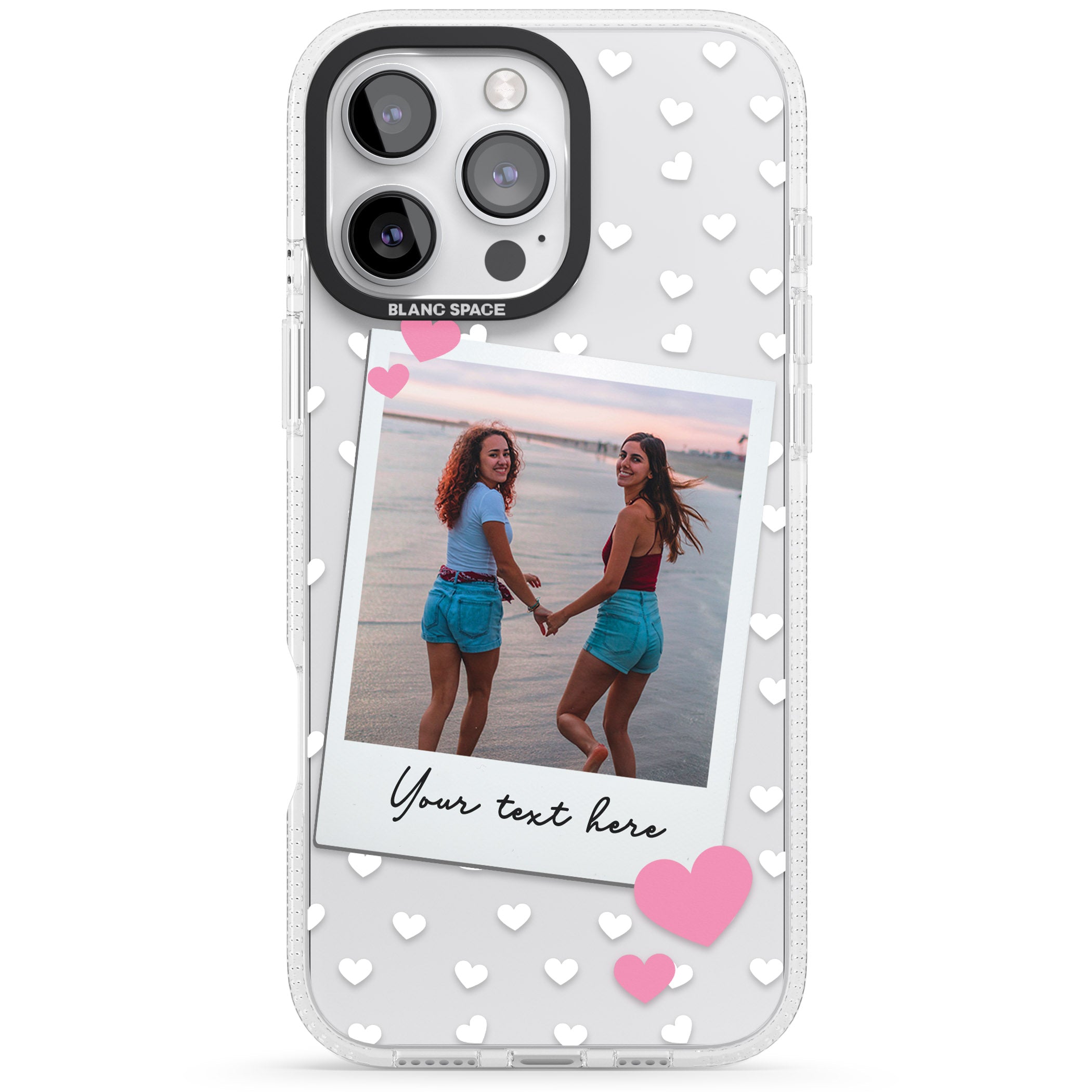 Personalised Instant Film & Hearts Photo iPhone 16 Pro Max / 16 Pro Clear Case Impact Air - Blanc Space