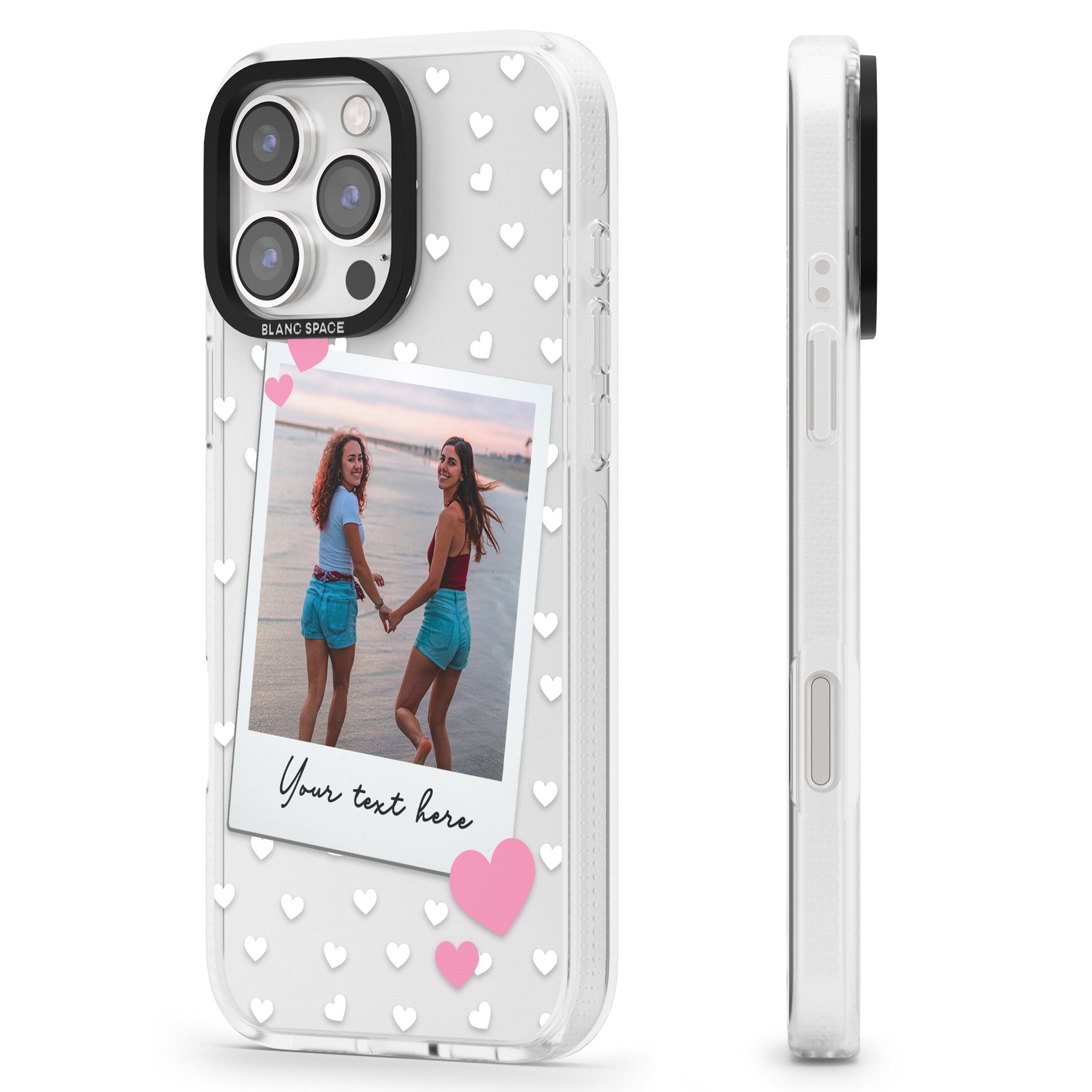 Personalised Instant Film & Hearts Photo iPhone 16 Pro Max / 16 Pro Clear Case Impact Air - Blanc Space