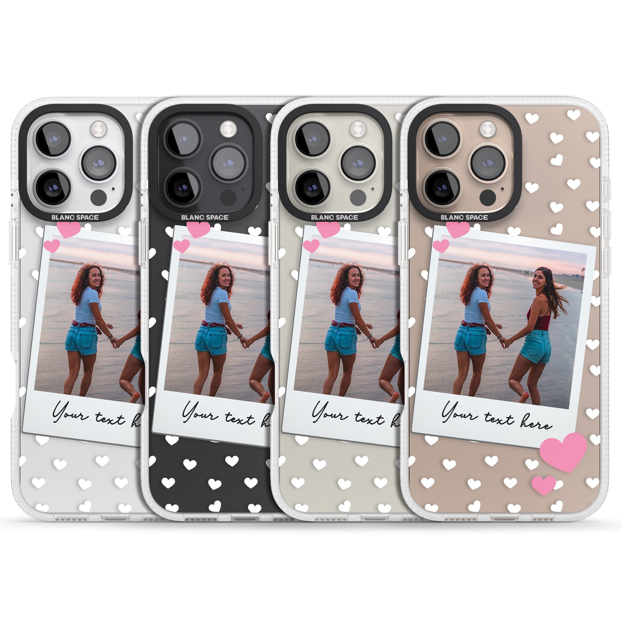 Personalised Instant Film & Hearts Photo iPhone 16 Pro Max / 16 Pro Clear Case Impact Air - Blanc Space
