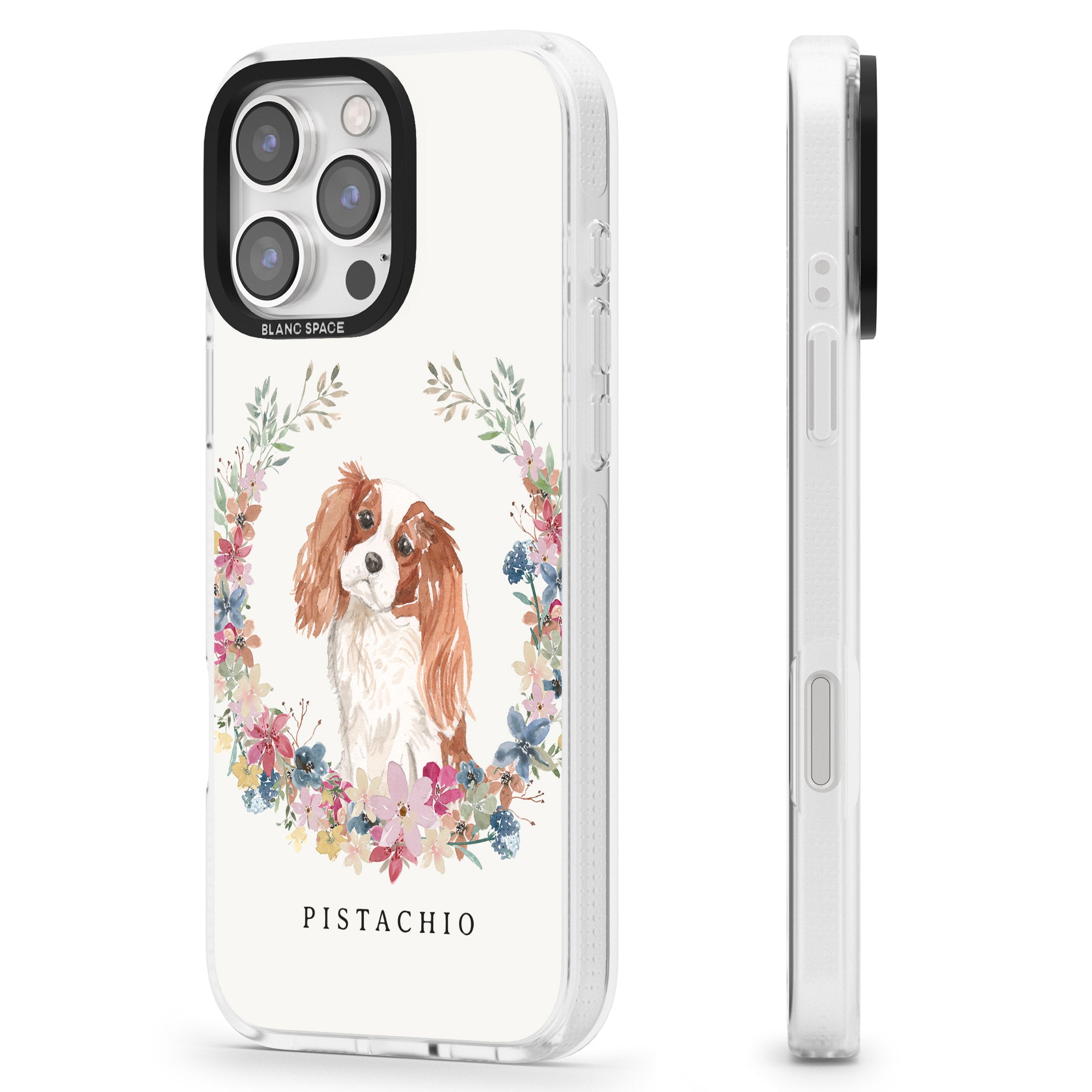 Personalised Cavalier King Charles Portrait Spaniel iPhone 16 Pro Max / 16 Pro Clear Case Impact Air - Blanc Space