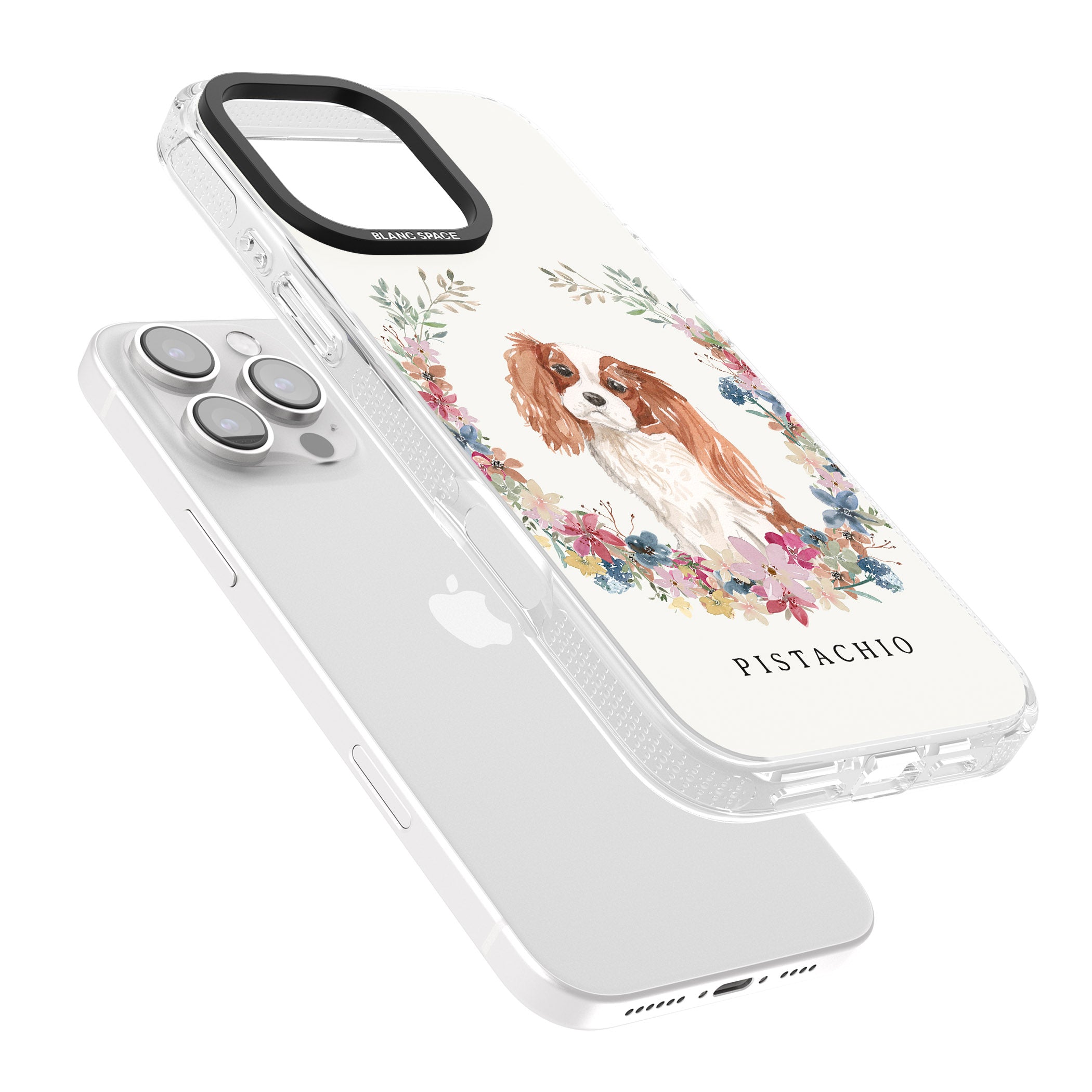 Personalised Cavalier King Charles Portrait Spaniel iPhone 16 Pro Max / 16 Pro Clear Case Impact Air - Blanc Space