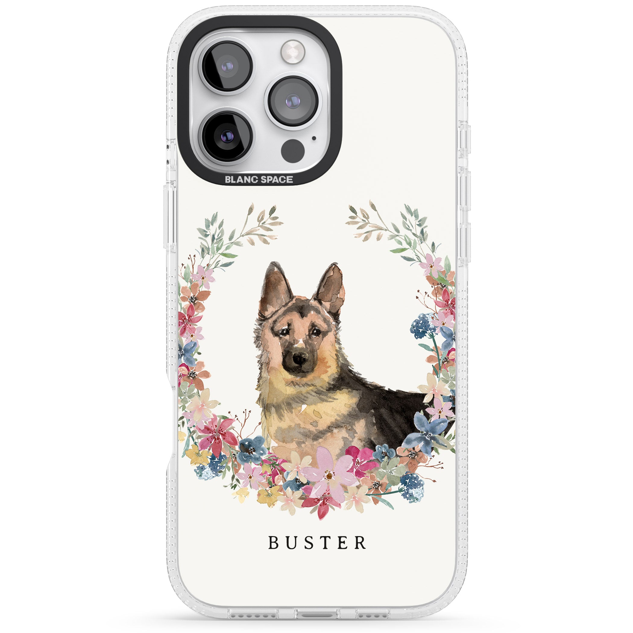 Personalised German Shepherd - Watercolour Dog Portrait iPhone 16 Pro Max / 16 Pro Clear Case Impact Air - Blanc Space