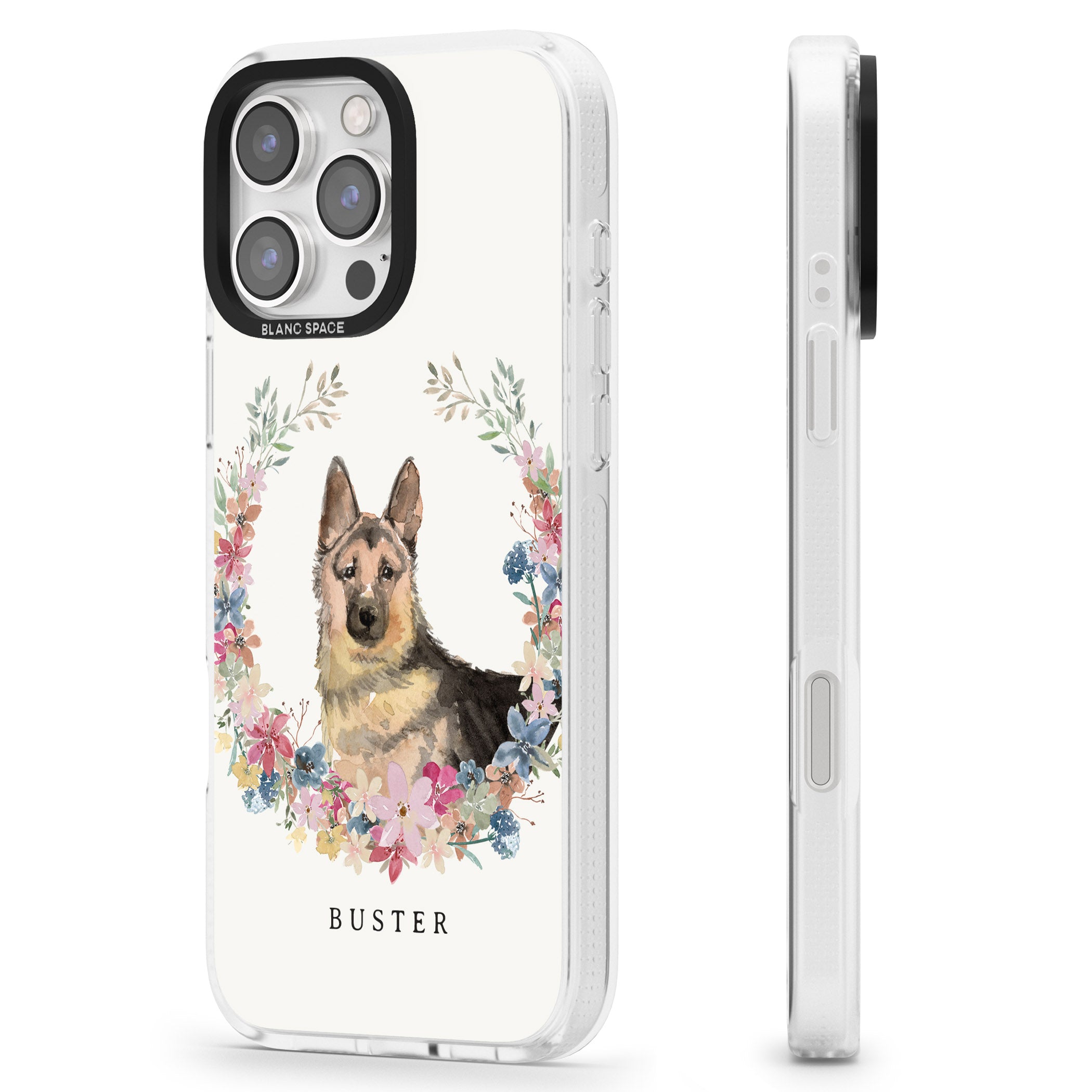 Personalised German Shepherd - Watercolour Dog Portrait iPhone 16 Pro Max / 16 Pro Clear Case Impact Air - Blanc Space