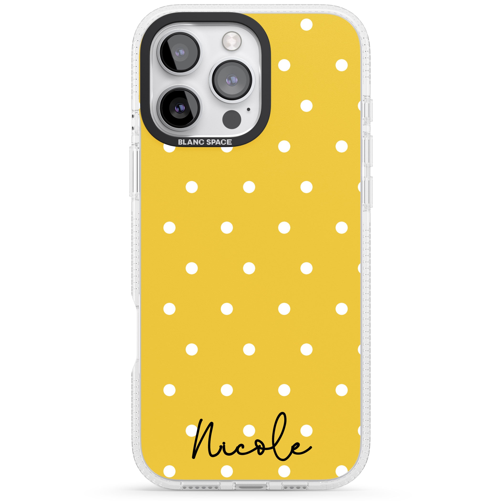 Personalised Yellow Polka Dot iPhone 16 Pro Max / 16 Pro Clear Case Impact Air - Blanc Space