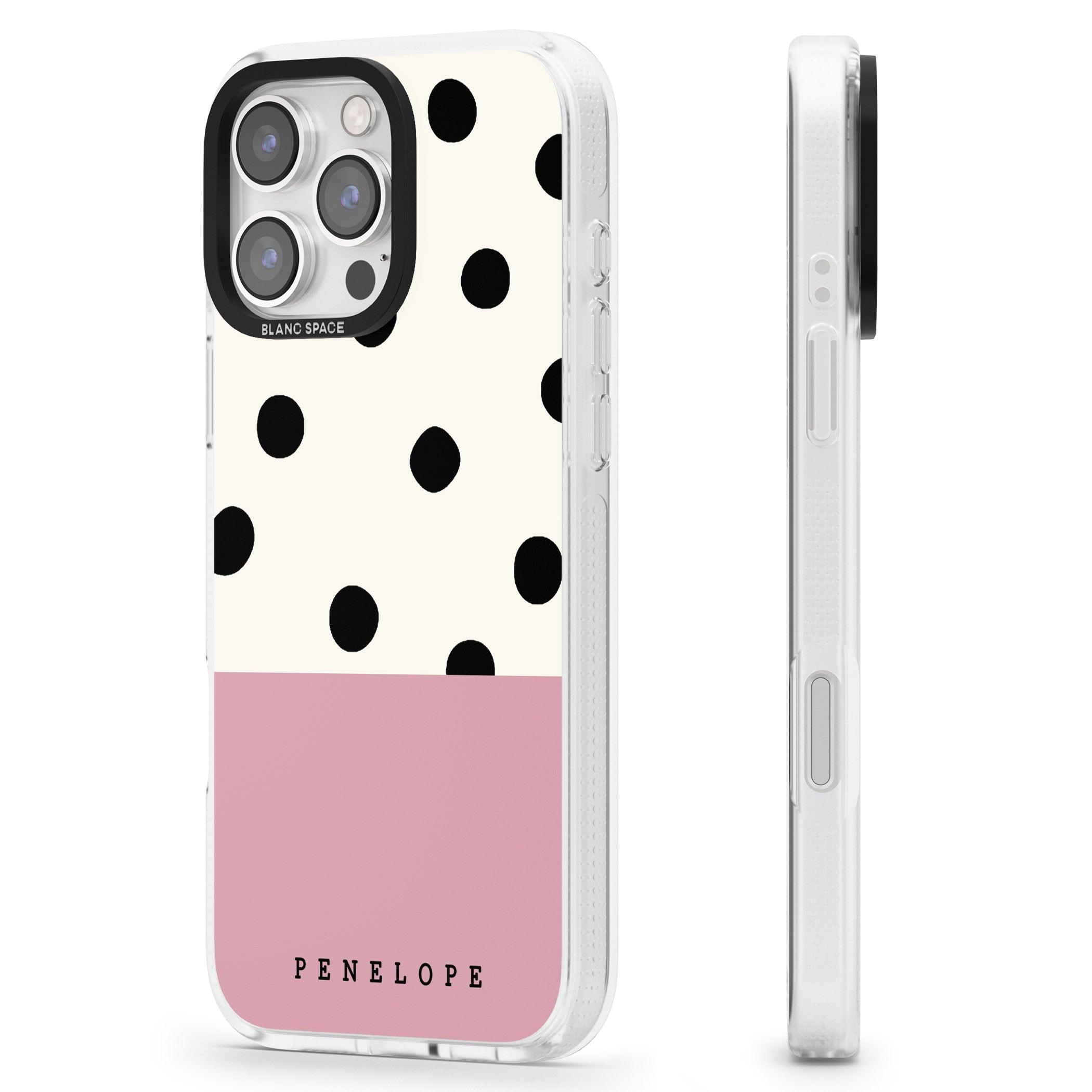 Personalised Pink Border Polka Dot iPhone 16 Pro Max / 16 Pro Clear Case Impact Air - Blanc Space