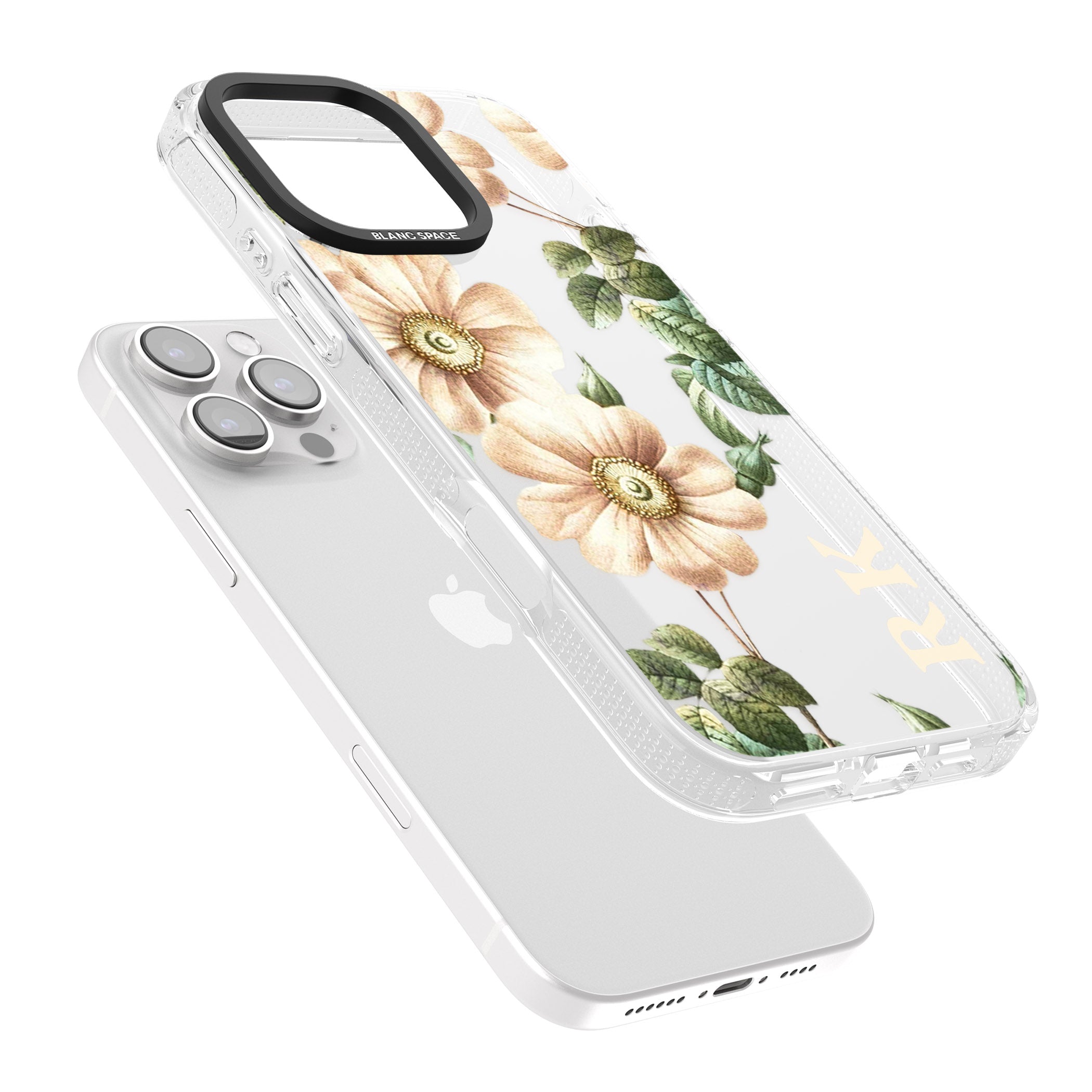 Personalised Clear Vintage Floral Cream Anemones iPhone 16 Pro Max / 16 Pro Clear Case Impact Air - Blanc Space