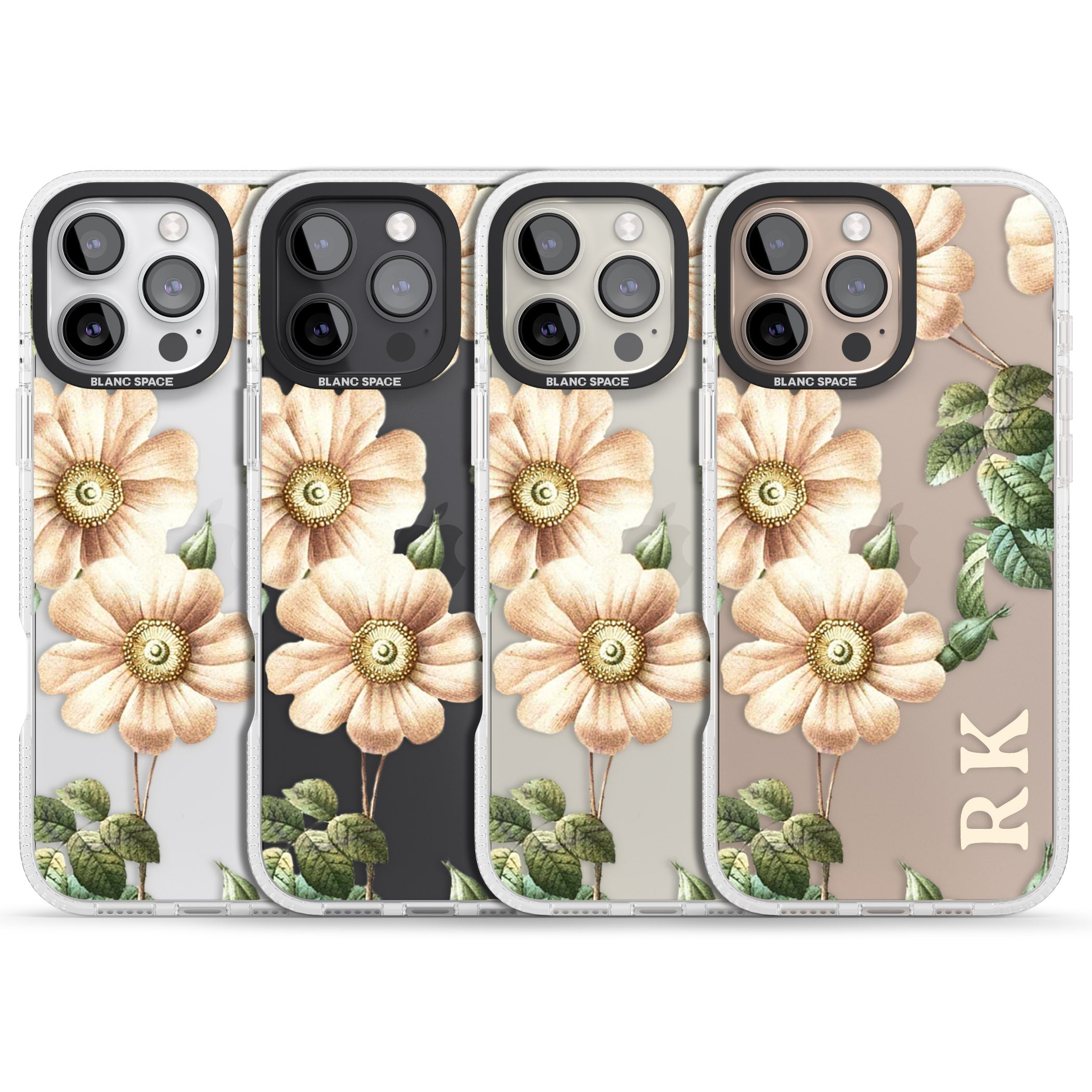 Personalised Clear Vintage Floral Cream Anemones iPhone 16 Pro Max / 16 Pro Clear Case Impact Air - Blanc Space