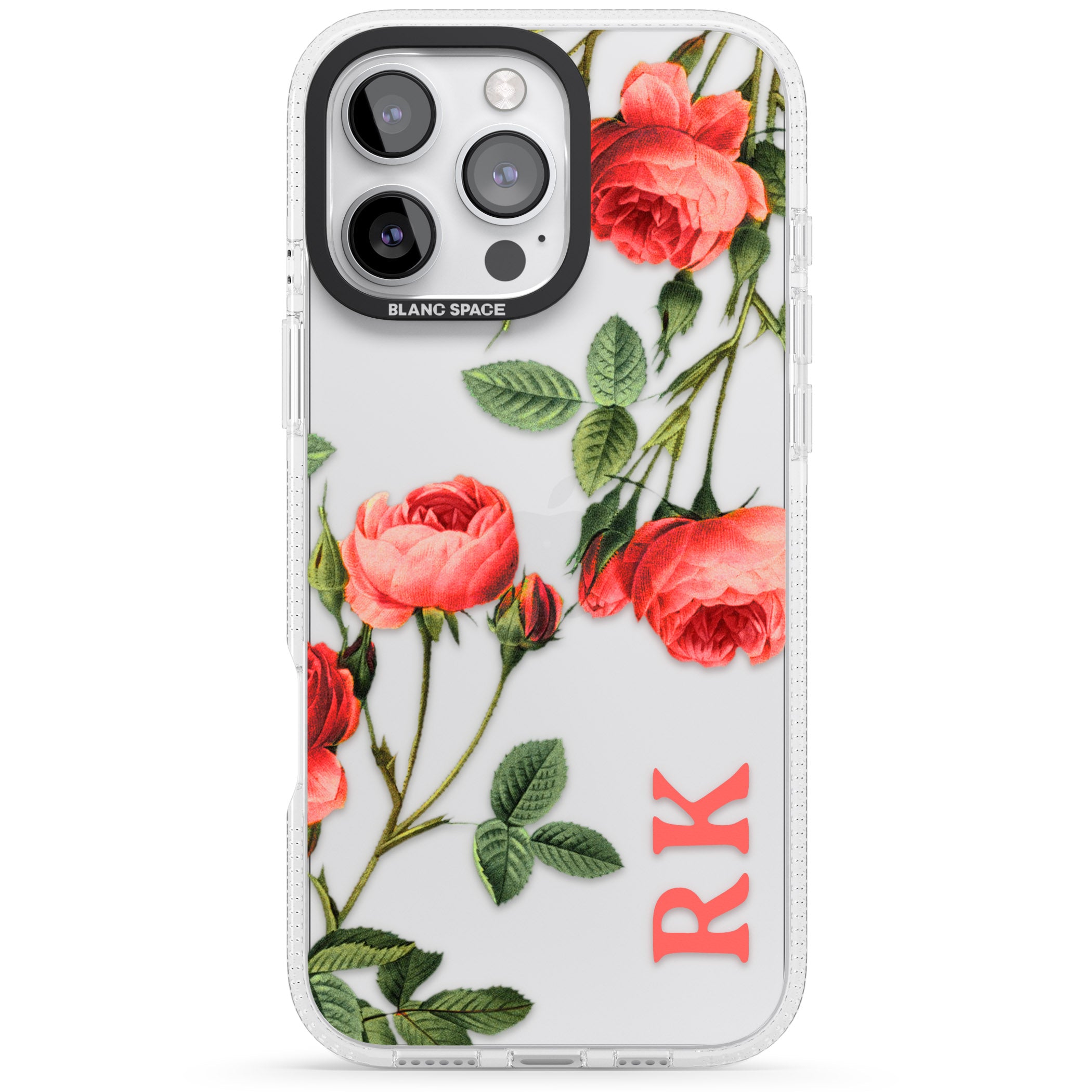 Personalised Clear Vintage Floral Pink Roses iPhone 16 Pro Max / 16 Pro Clear Case Impact Air - Blanc Space