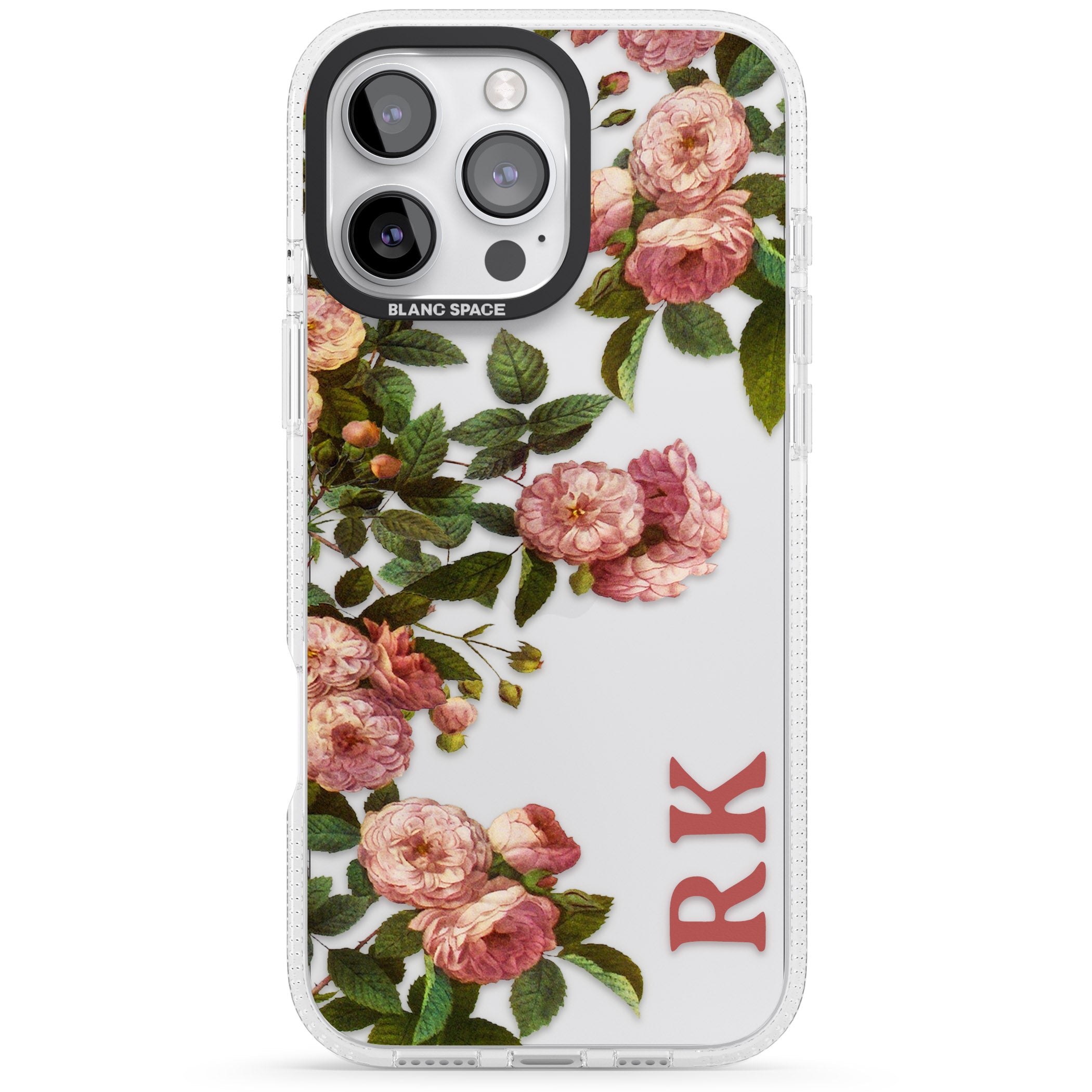 Personalised Clear Vintage Floral Pink Garden Roses iPhone 16 Pro Max / 16 Pro Clear Case Impact Air - Blanc Space
