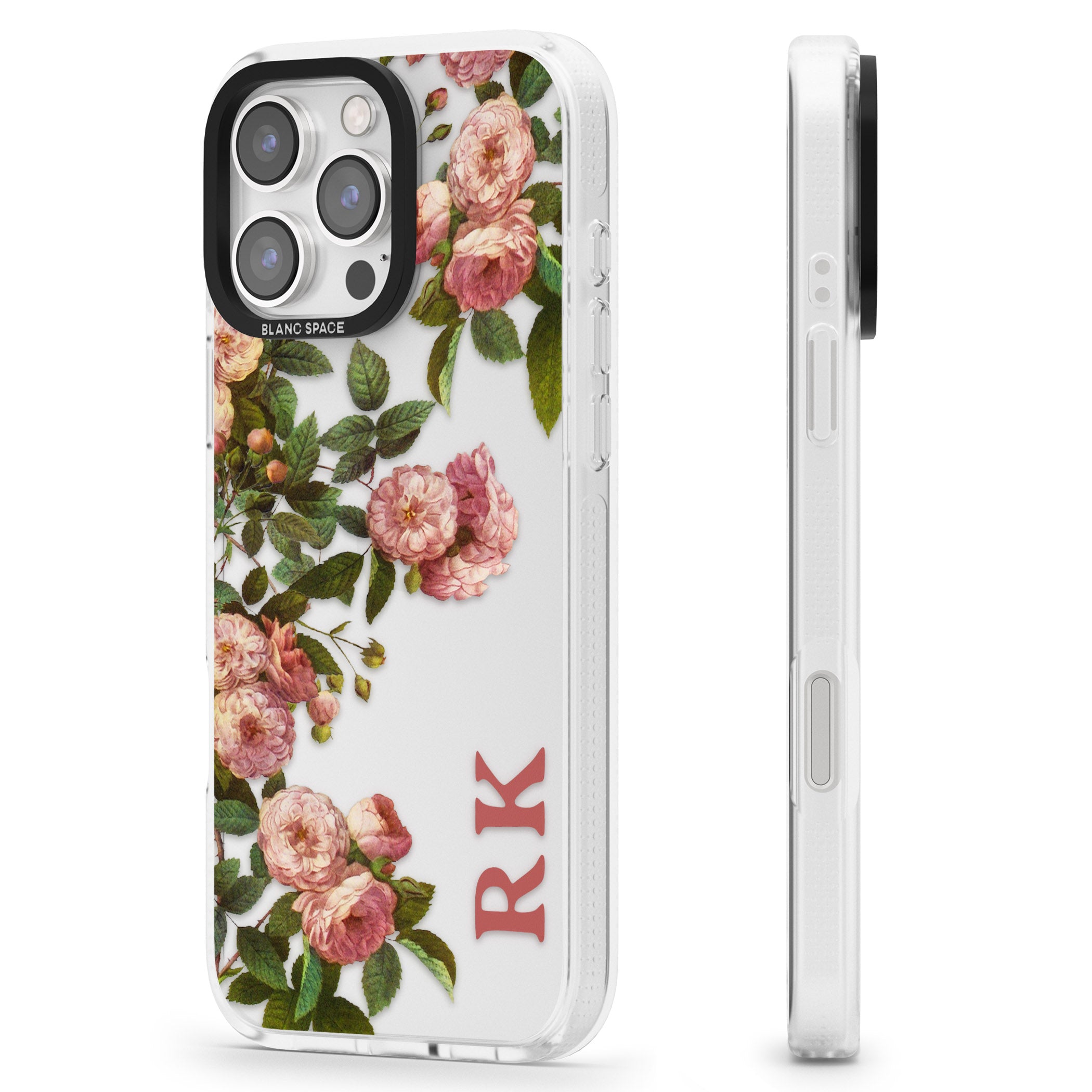 Personalised Clear Vintage Floral Pink Garden Roses iPhone 16 Pro Max / 16 Pro Clear Case Impact Air - Blanc Space