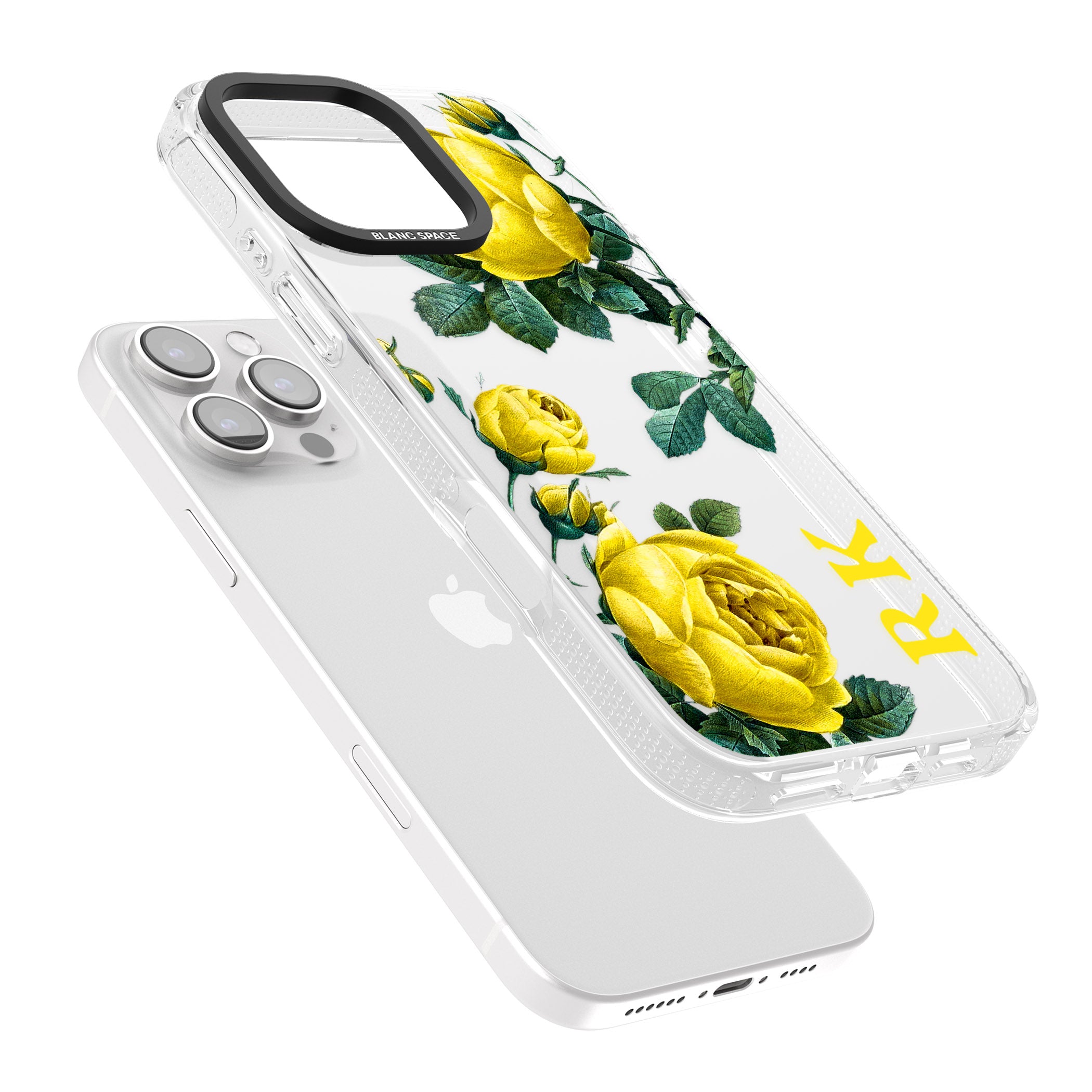 Personalised Clear Vintage Floral Yellow Roses iPhone 16 Pro Max / 16 Pro Clear Case Impact Air - Blanc Space