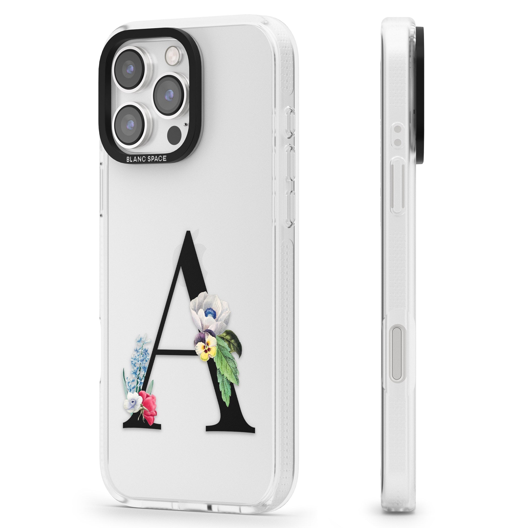 Personalised Floral Initial iPhone 16 Pro Max / 16 Pro Clear Case Impact Air - Blanc Space