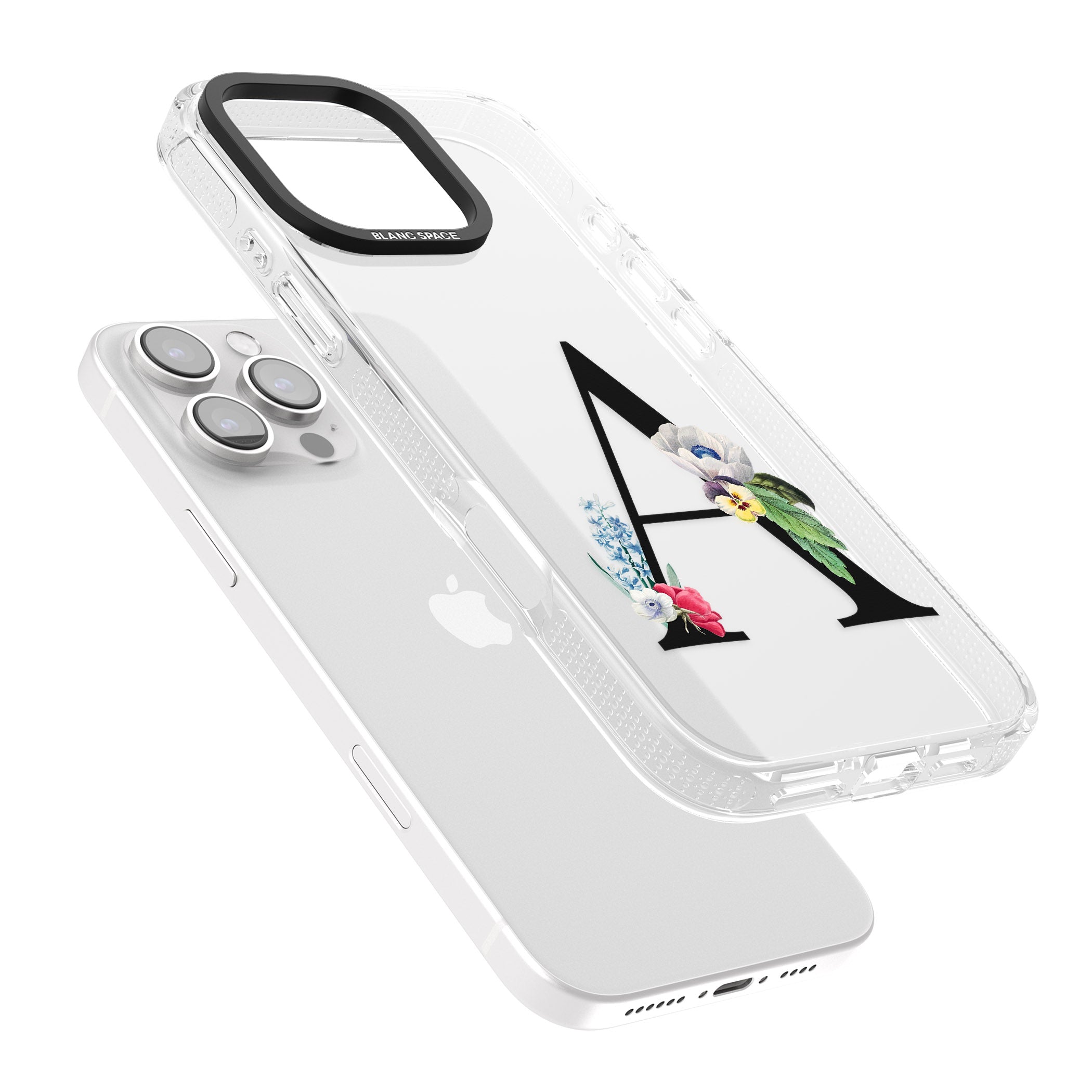 Personalised Floral Initial iPhone 16 Pro Max / 16 Pro Clear Case Impact Air - Blanc Space