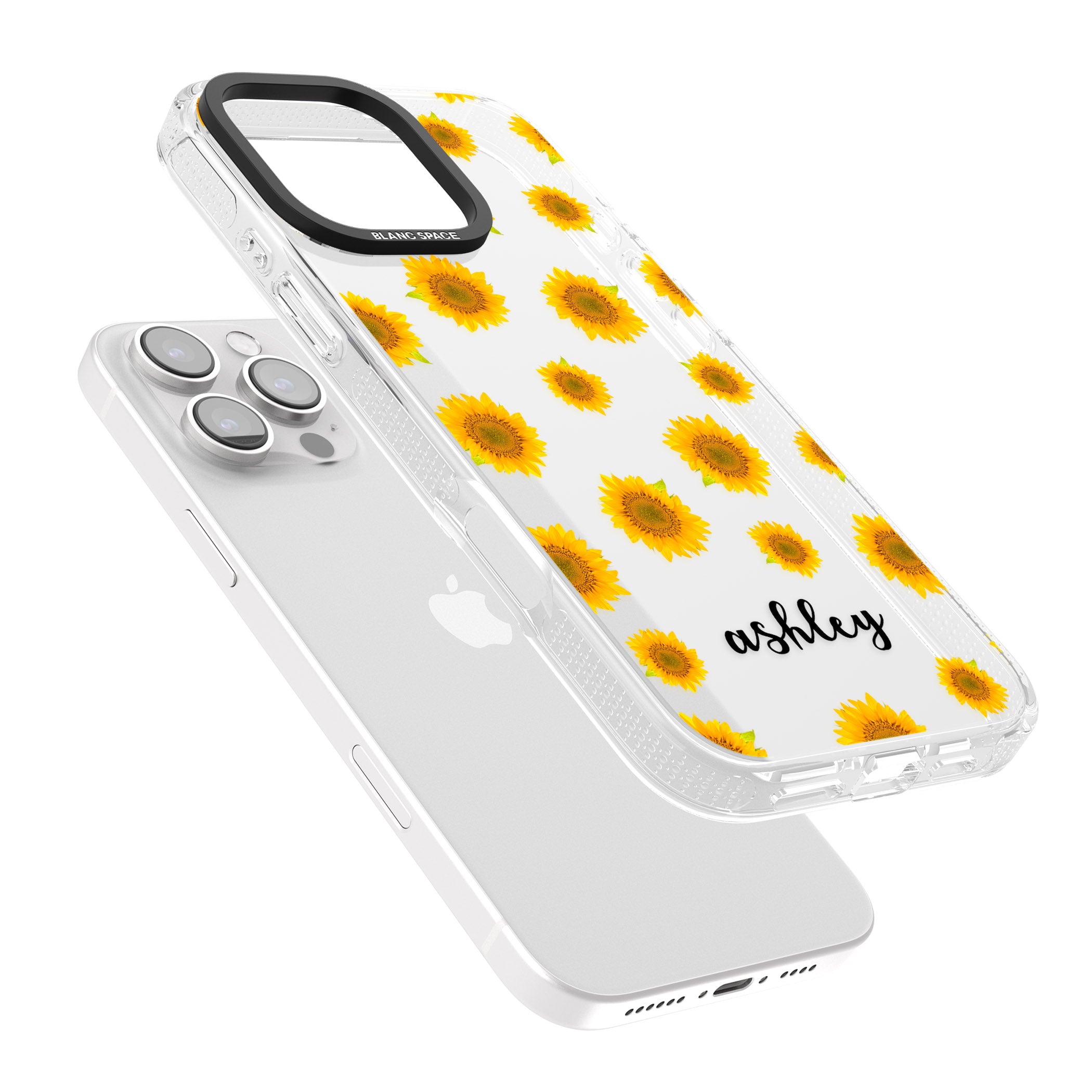Personalised Sunflowers & Cursive iPhone 16 Pro Max / 16 Pro Clear Case Impact Air - Blanc Space