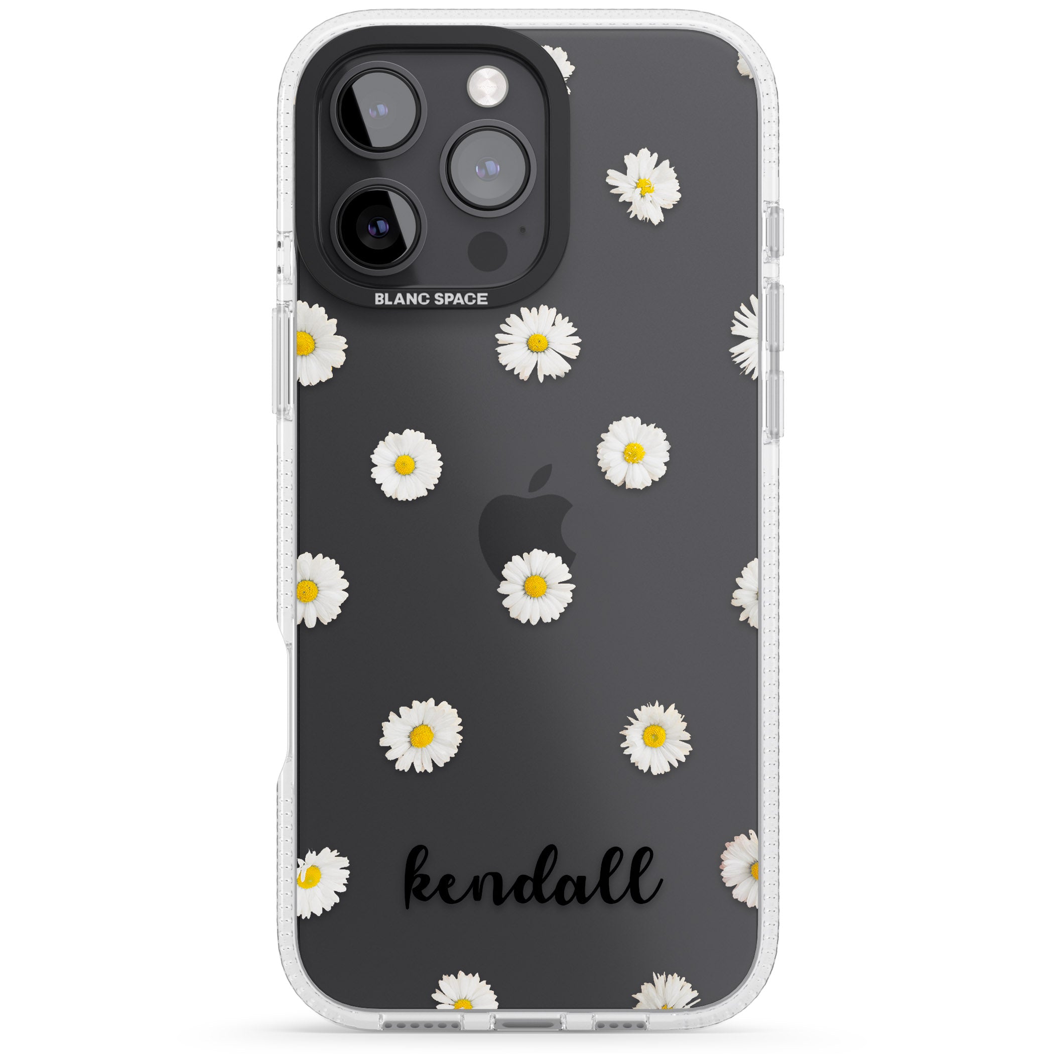 Personalised White Daisies & Cursive iPhone 16 Pro Max / 16 Pro Clear Case Impact Air - Blanc Space