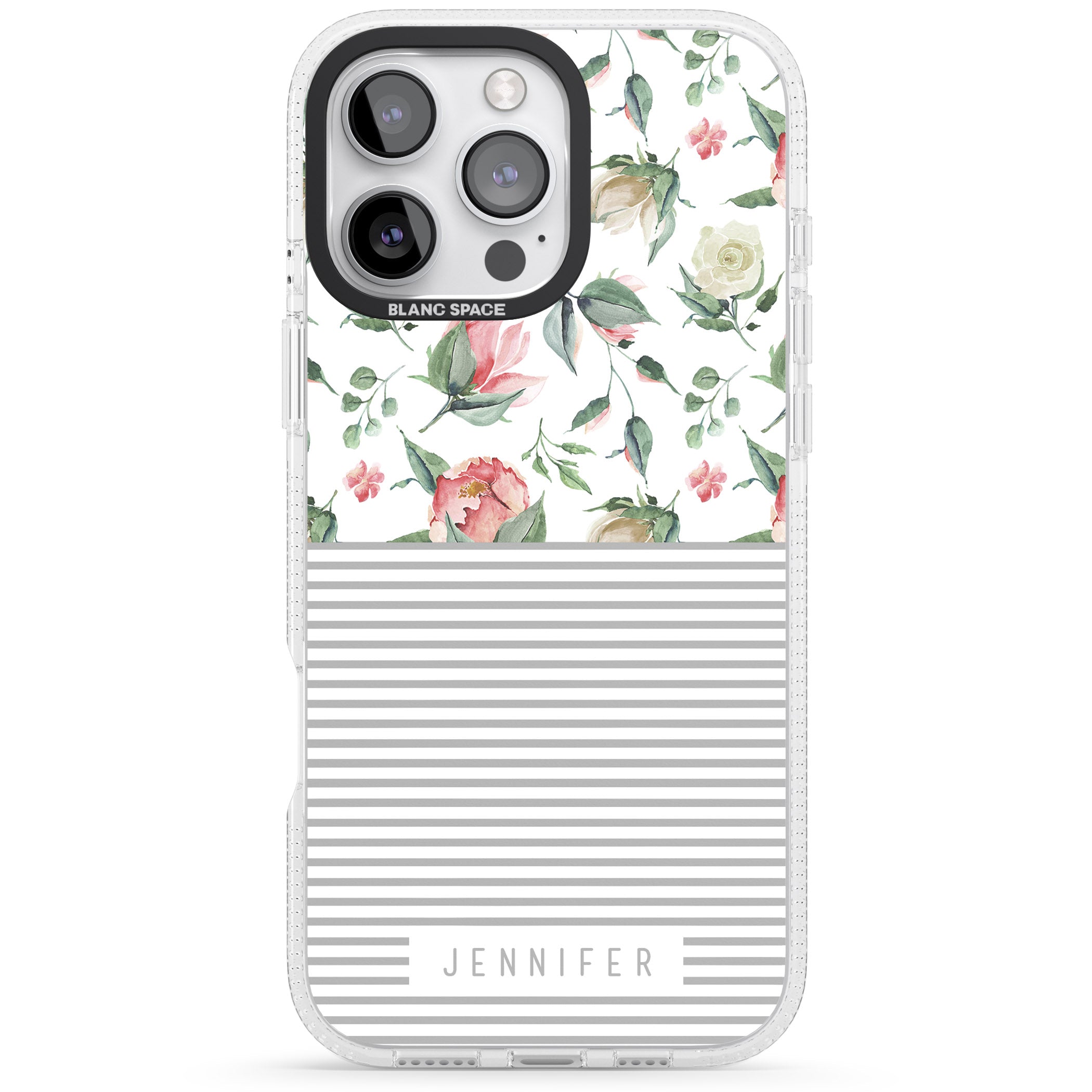 Personalised Light Floral Pattern & Stripes iPhone 16 Pro Max / 16 Pro Clear Case Impact Air - Blanc Space