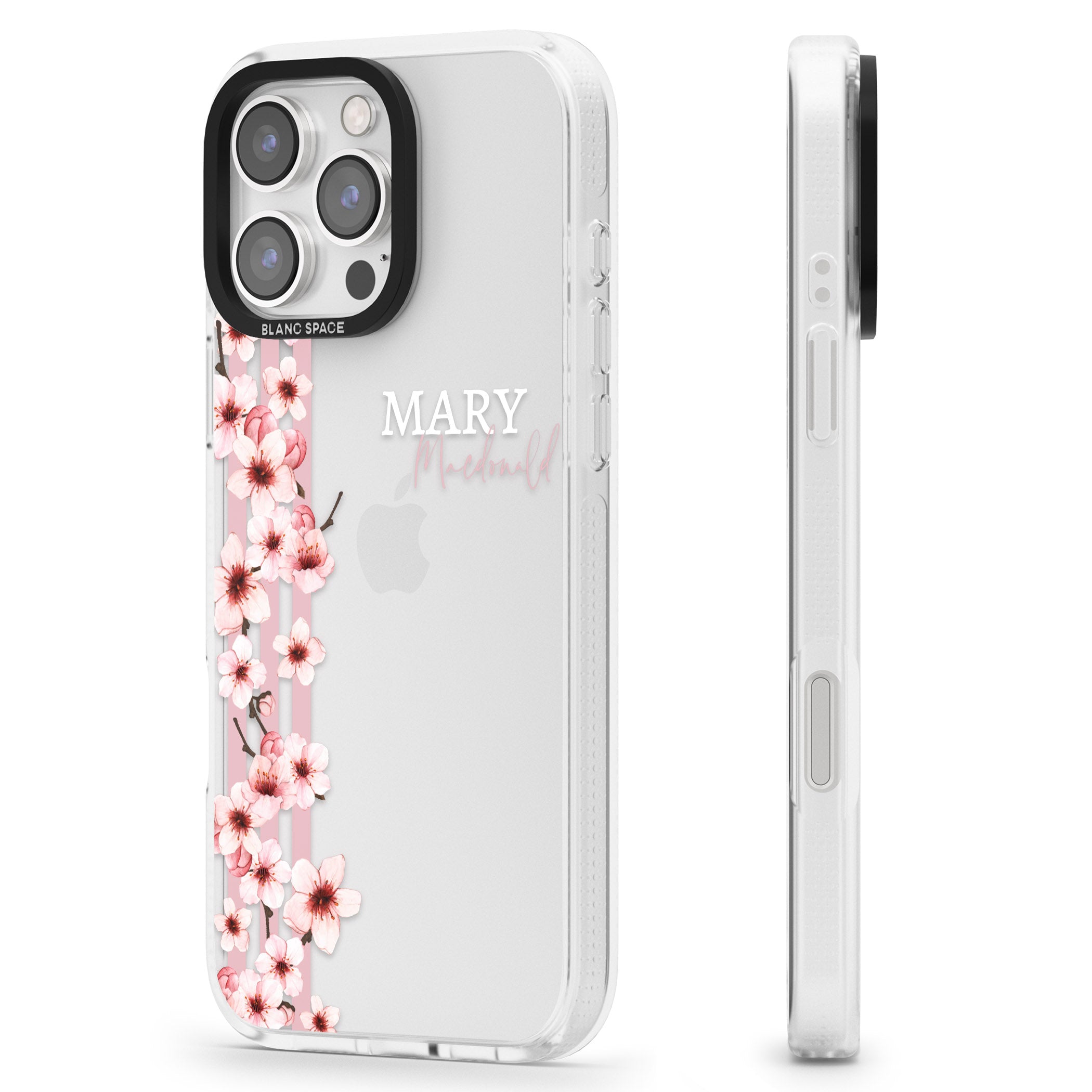 Personalised Cherry Blossoms & Stripes iPhone 16 Pro Max / 16 Pro Clear Case Impact Air - Blanc Space