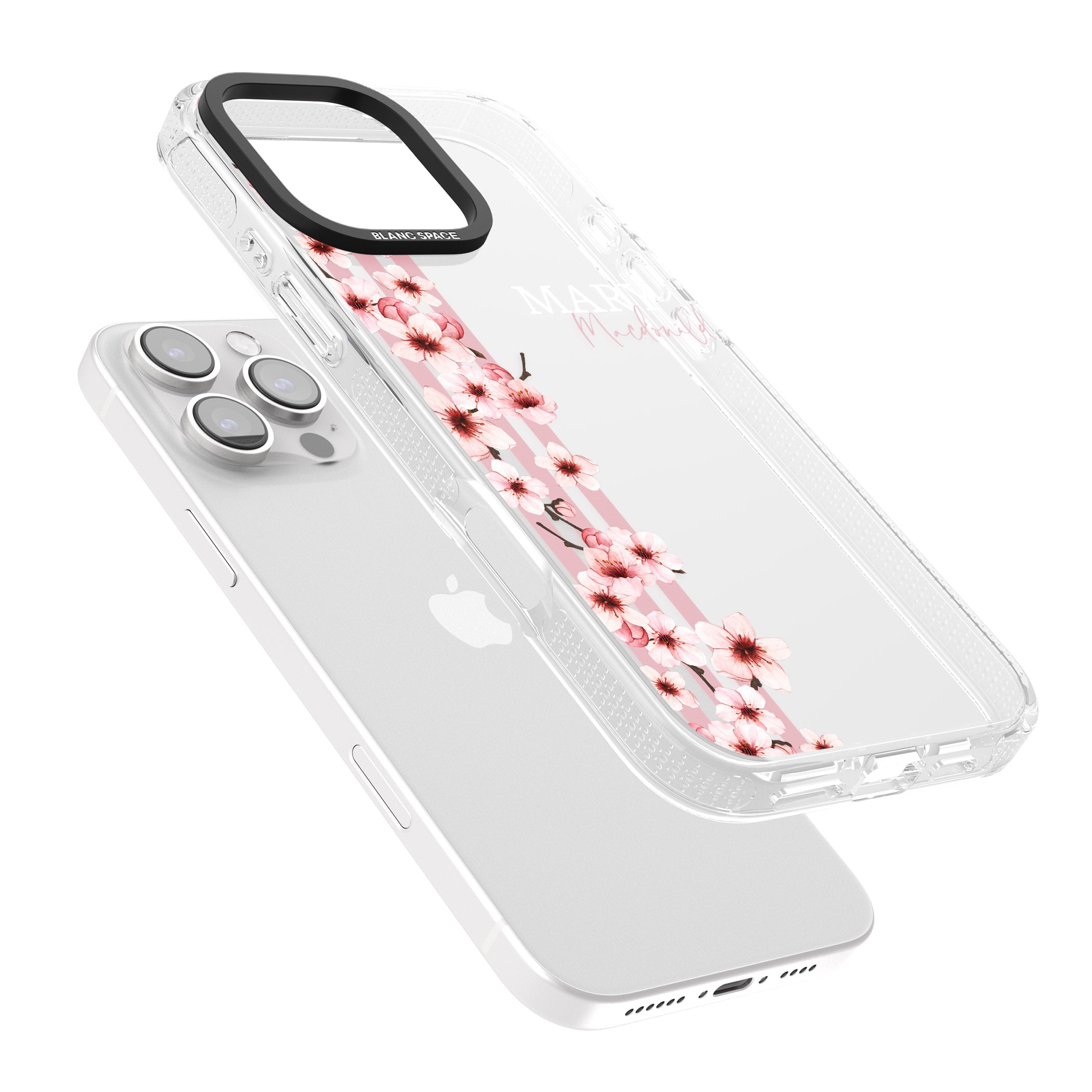 Personalised Cherry Blossoms & Stripes iPhone 16 Pro Max / 16 Pro Clear Case Impact Air - Blanc Space