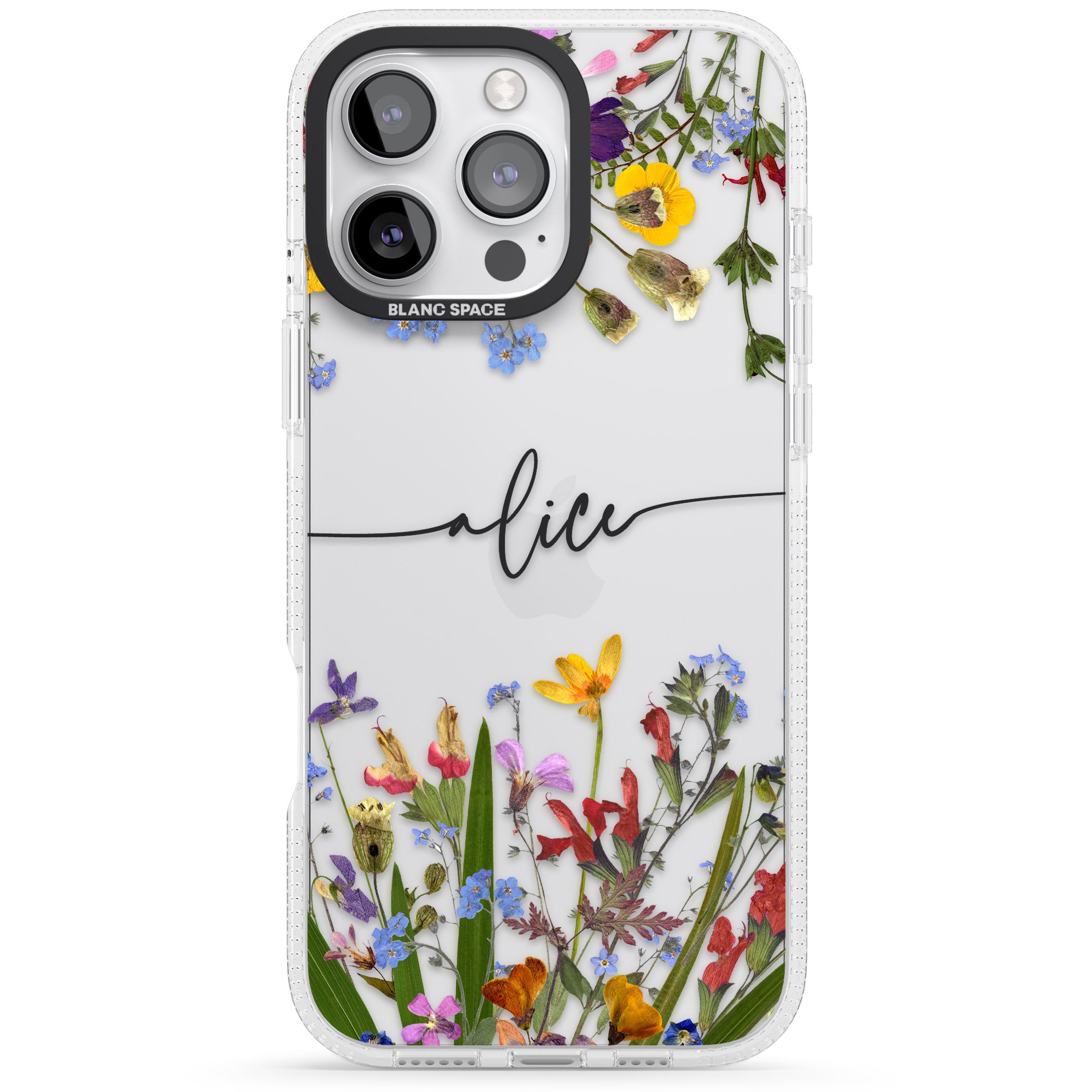 Personalised Wildflower Floral iPhone 16 Pro Max / 16 Pro Clear Case Impact Air - Blanc Space