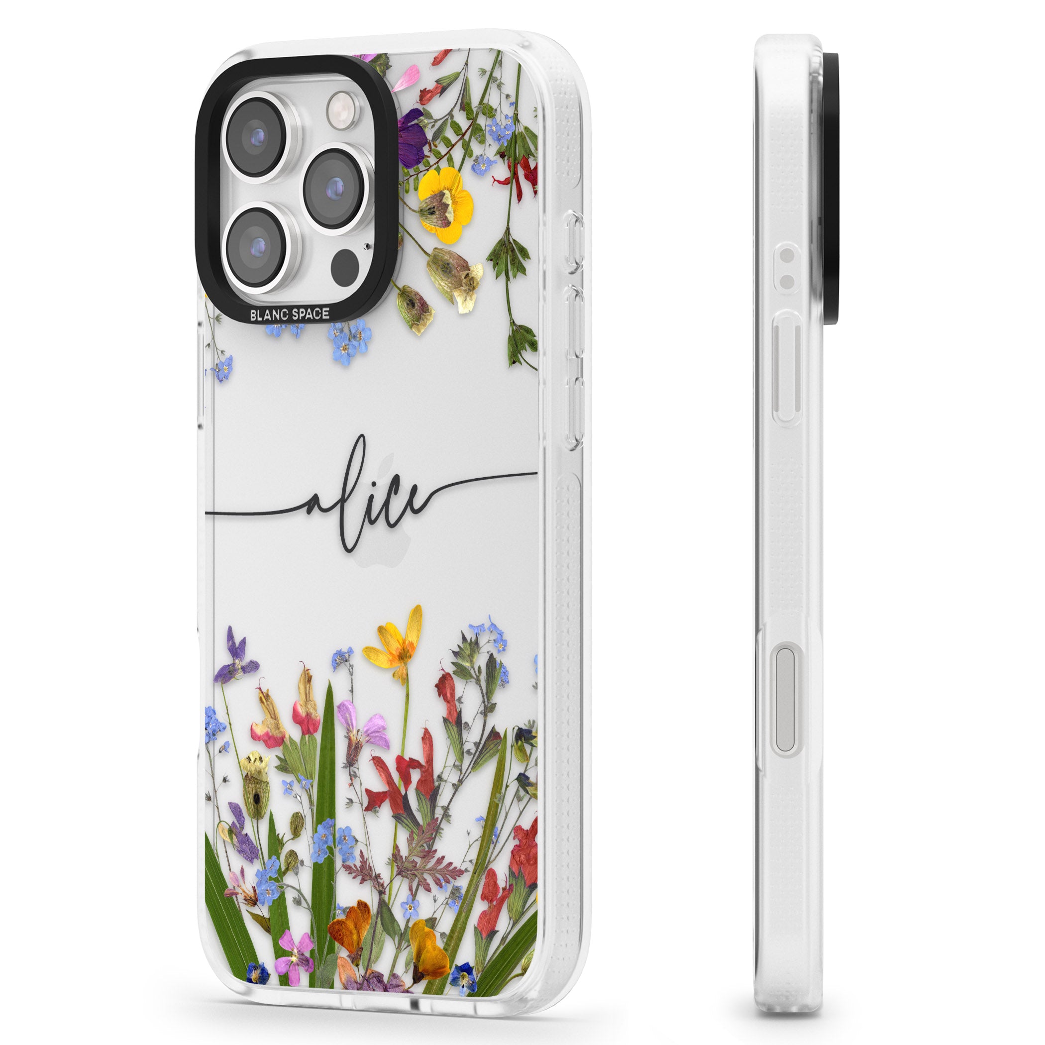 Personalised Wildflower Floral iPhone 16 Pro Max / 16 Pro Clear Case Impact Air - Blanc Space